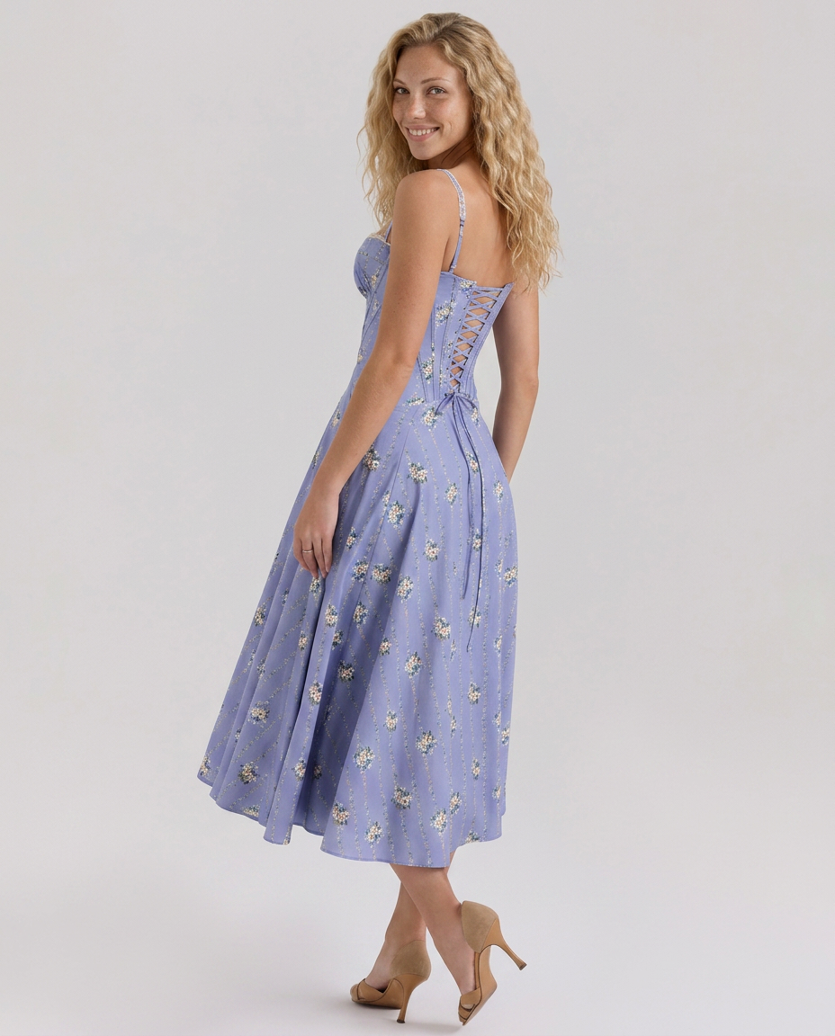 Sheree | Floral Print Midi Sundress with Lace-Up Back