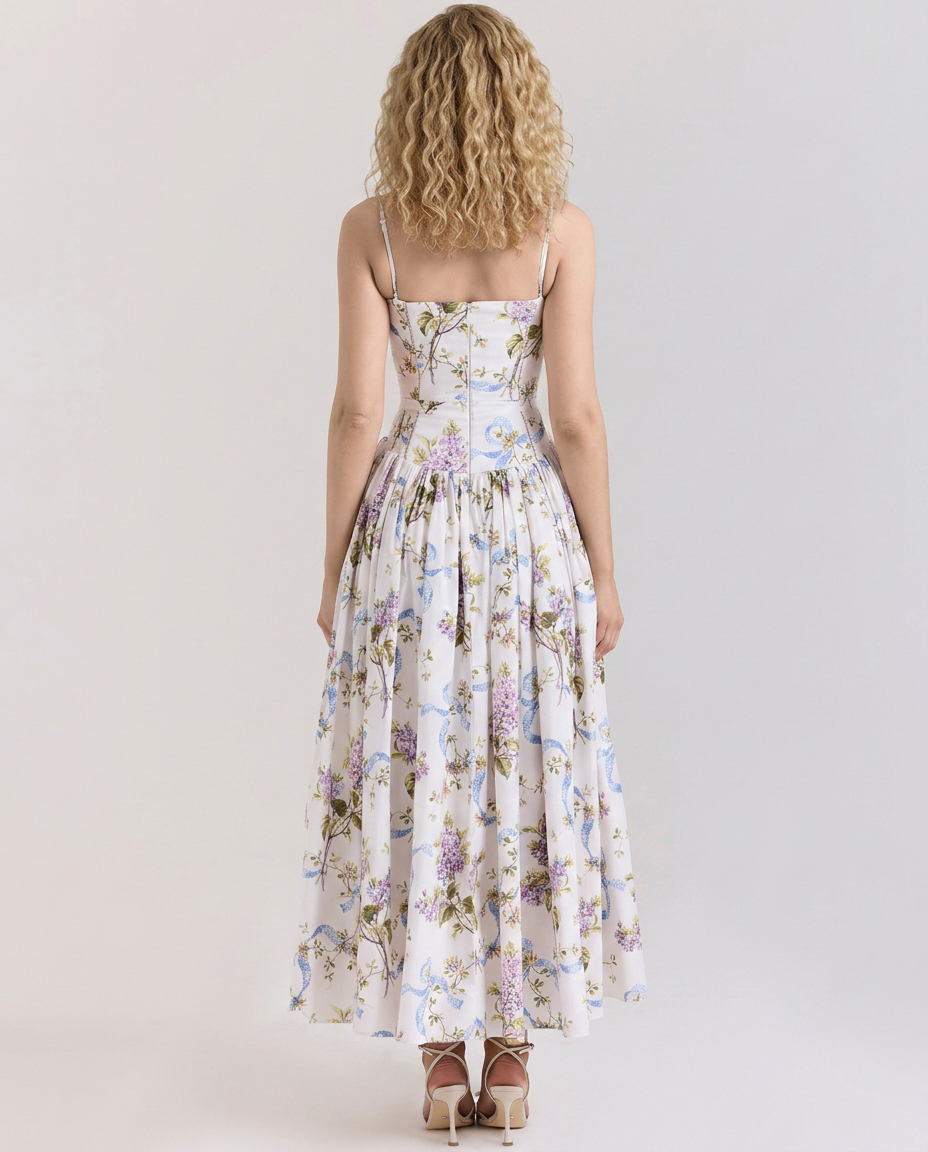 Aileen | Vintage Ribbon Print Cotton Midi Sundress