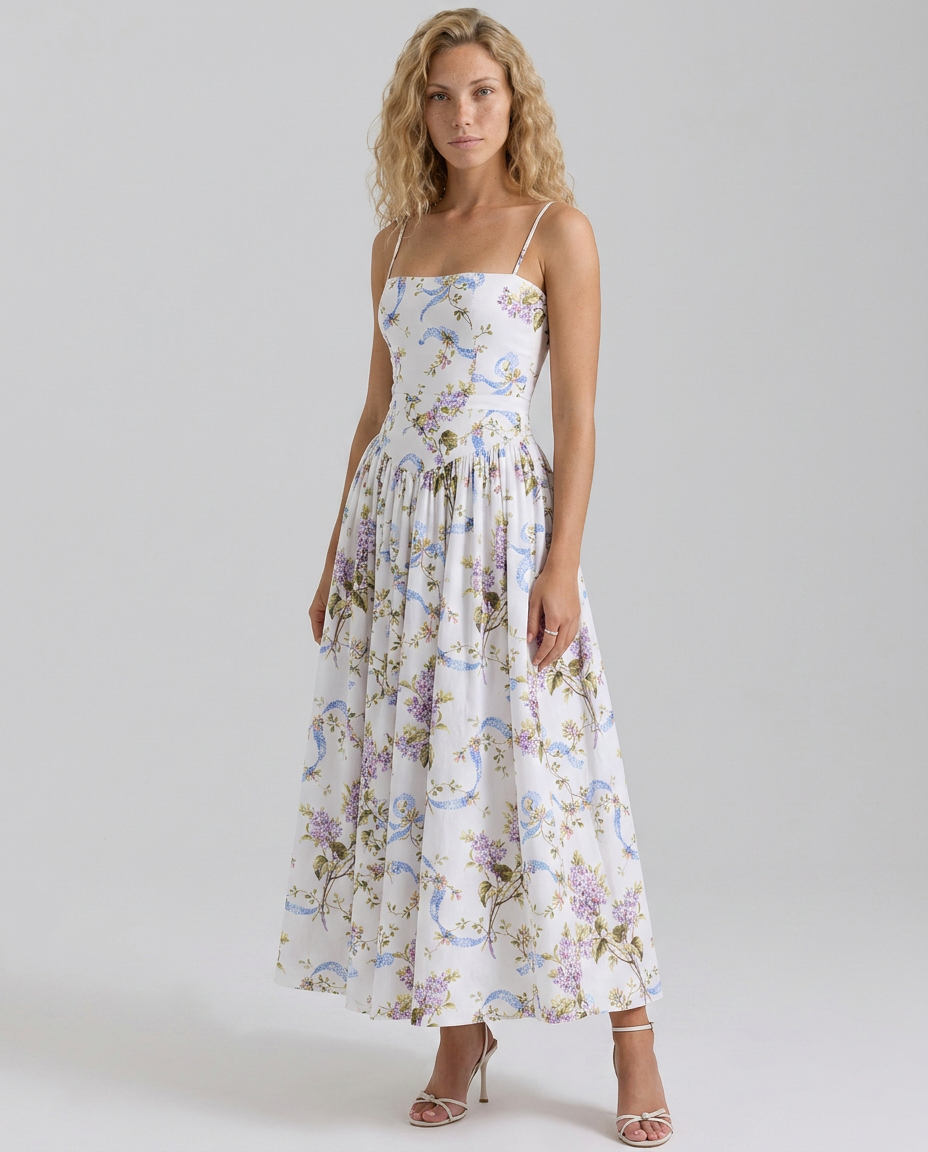 Aileen | Vintage Ribbon Print Cotton Midi Sundress