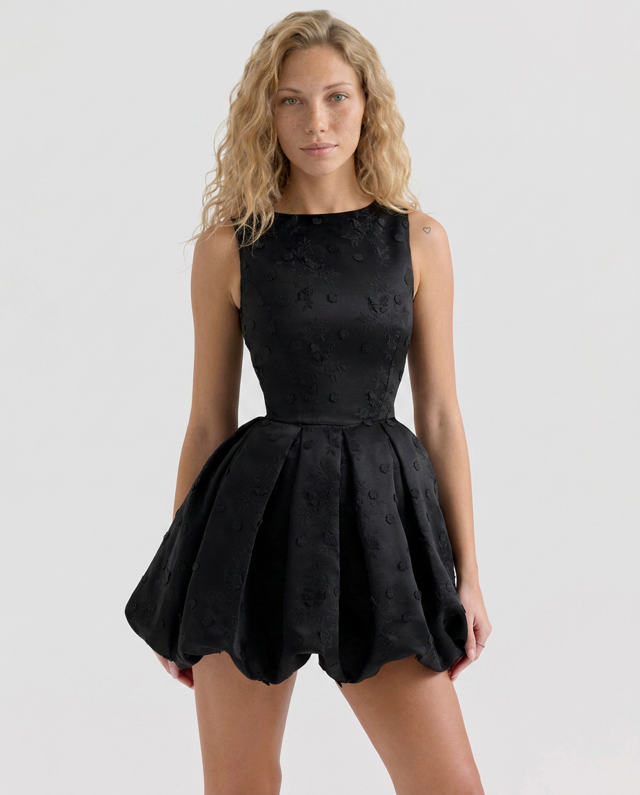 Tisha | Embroidered Puffball Mini Dress with Open Back