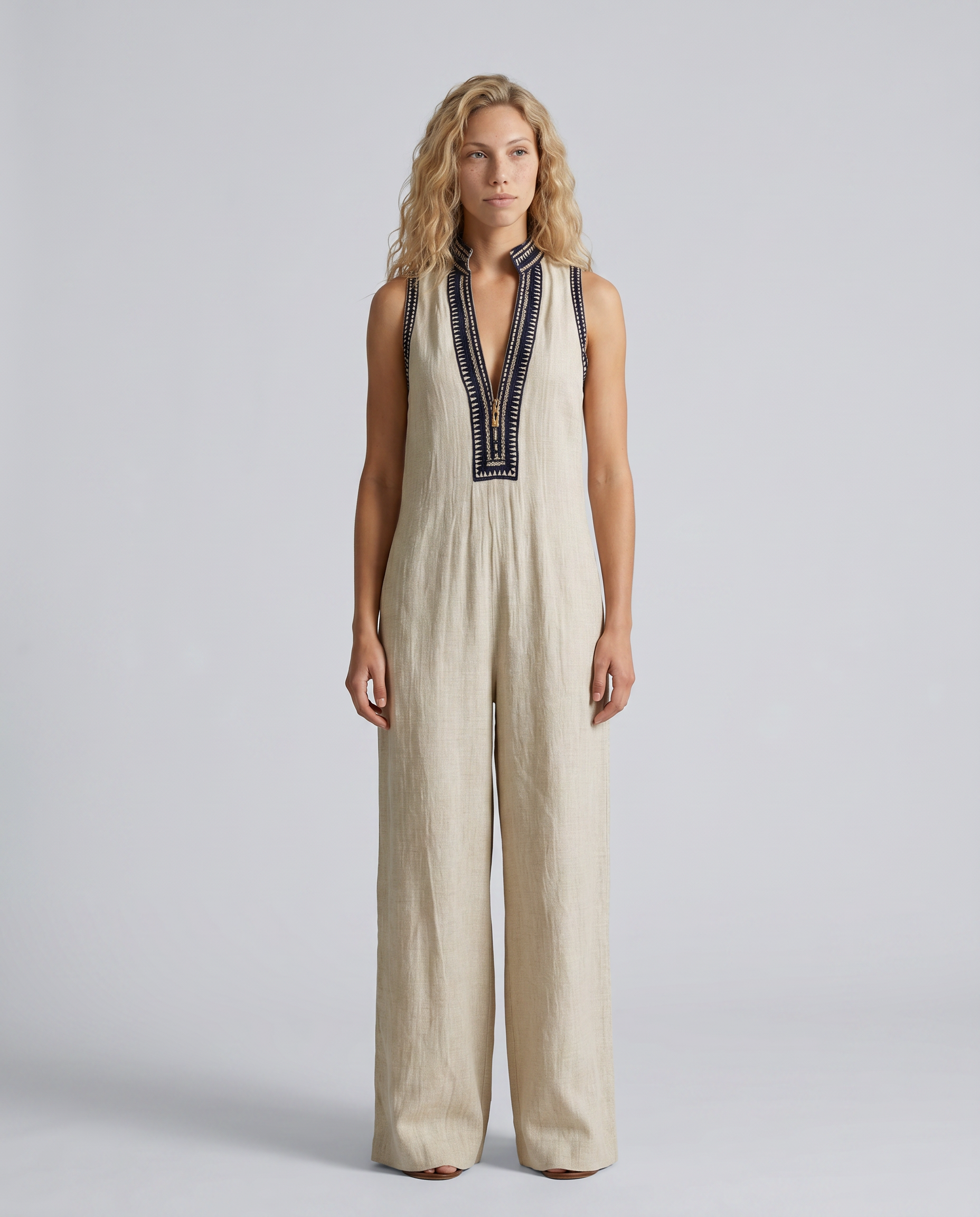 Angie | Sleeveless Linen-Blend Embroidered Jumpsuit