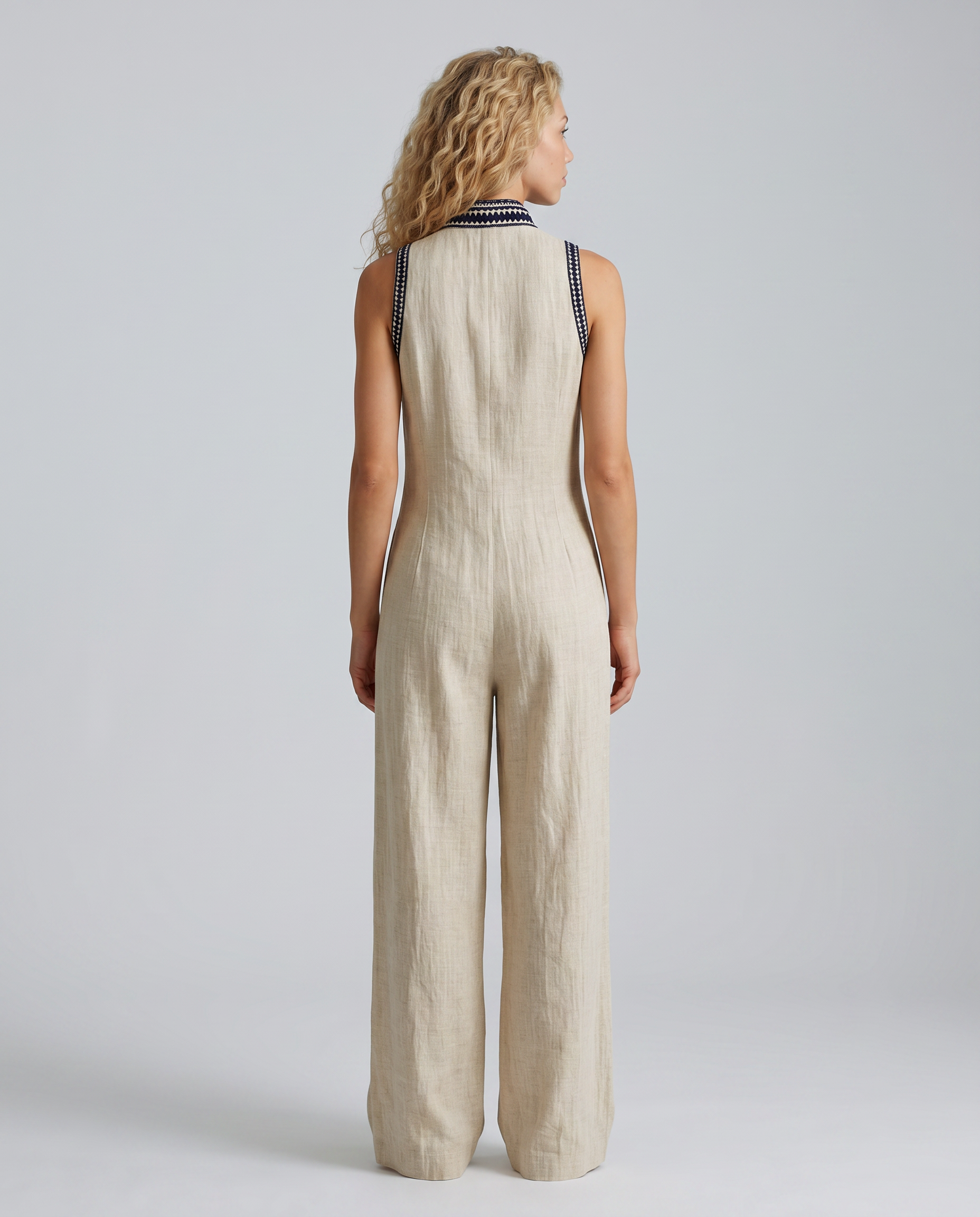 Angie | Sleeveless Linen-Blend Embroidered Jumpsuit