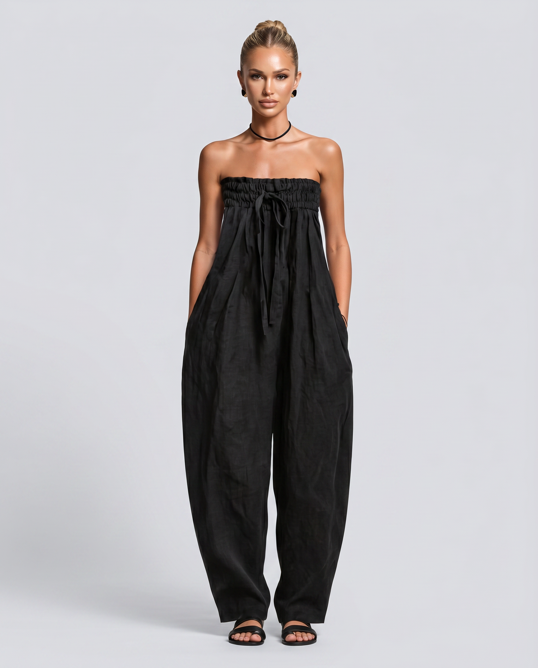 Cherry | Strapless Relaxed Linen-Blend Jumpsuit