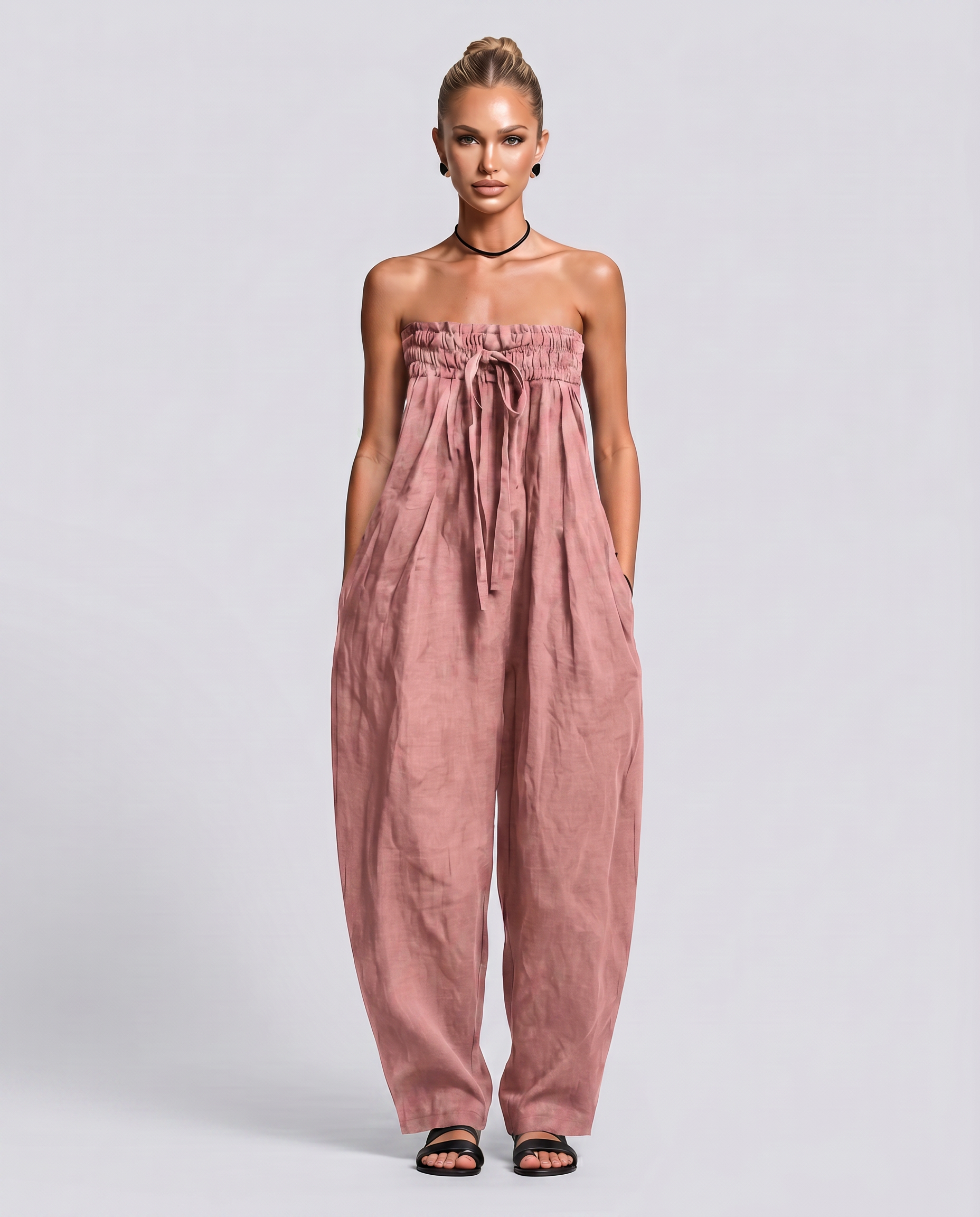 Cherry | Strapless Relaxed Linen-Blend Jumpsuit