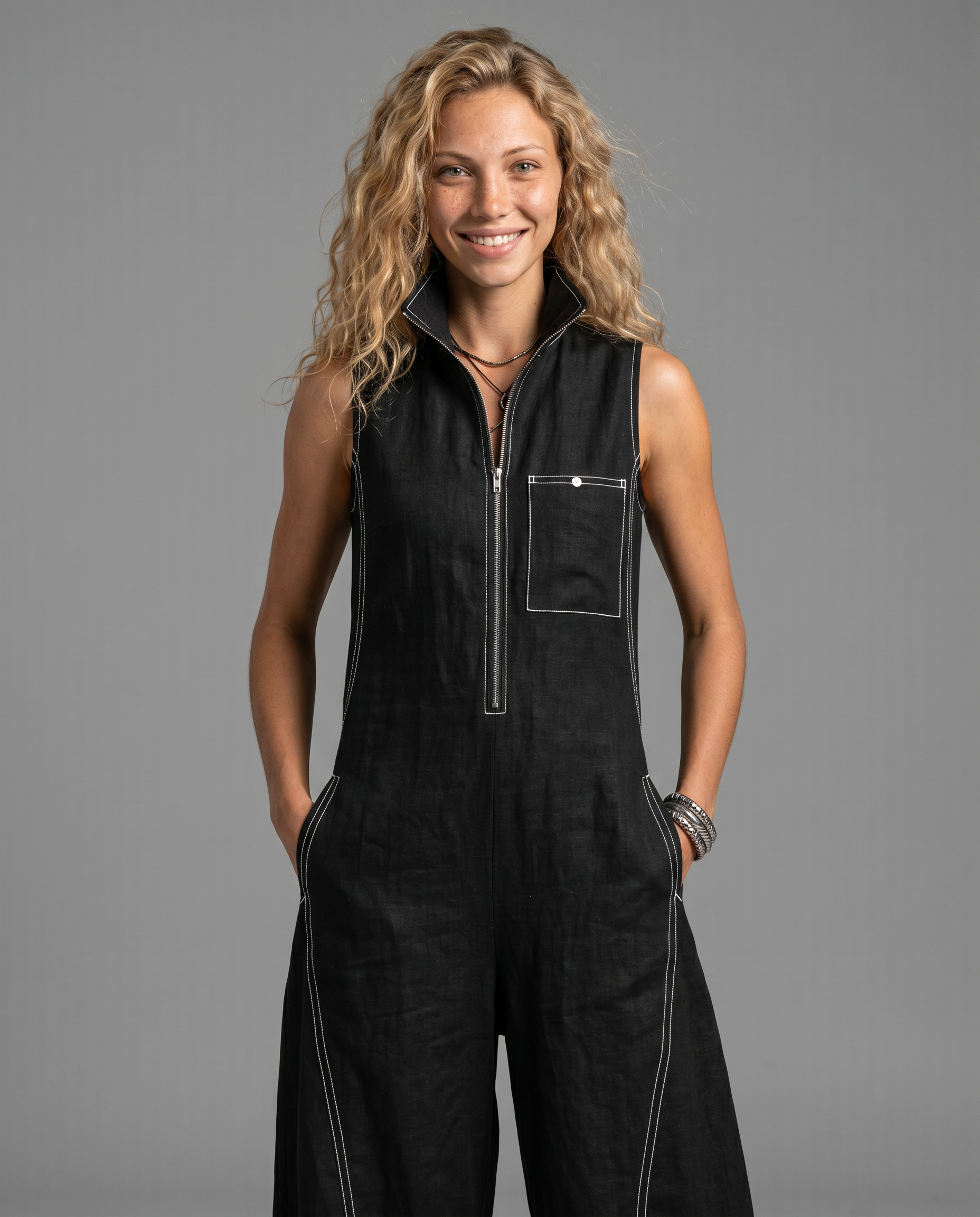 Katina | Sleeveless Contrast Trim Relaxed Jumpsuit