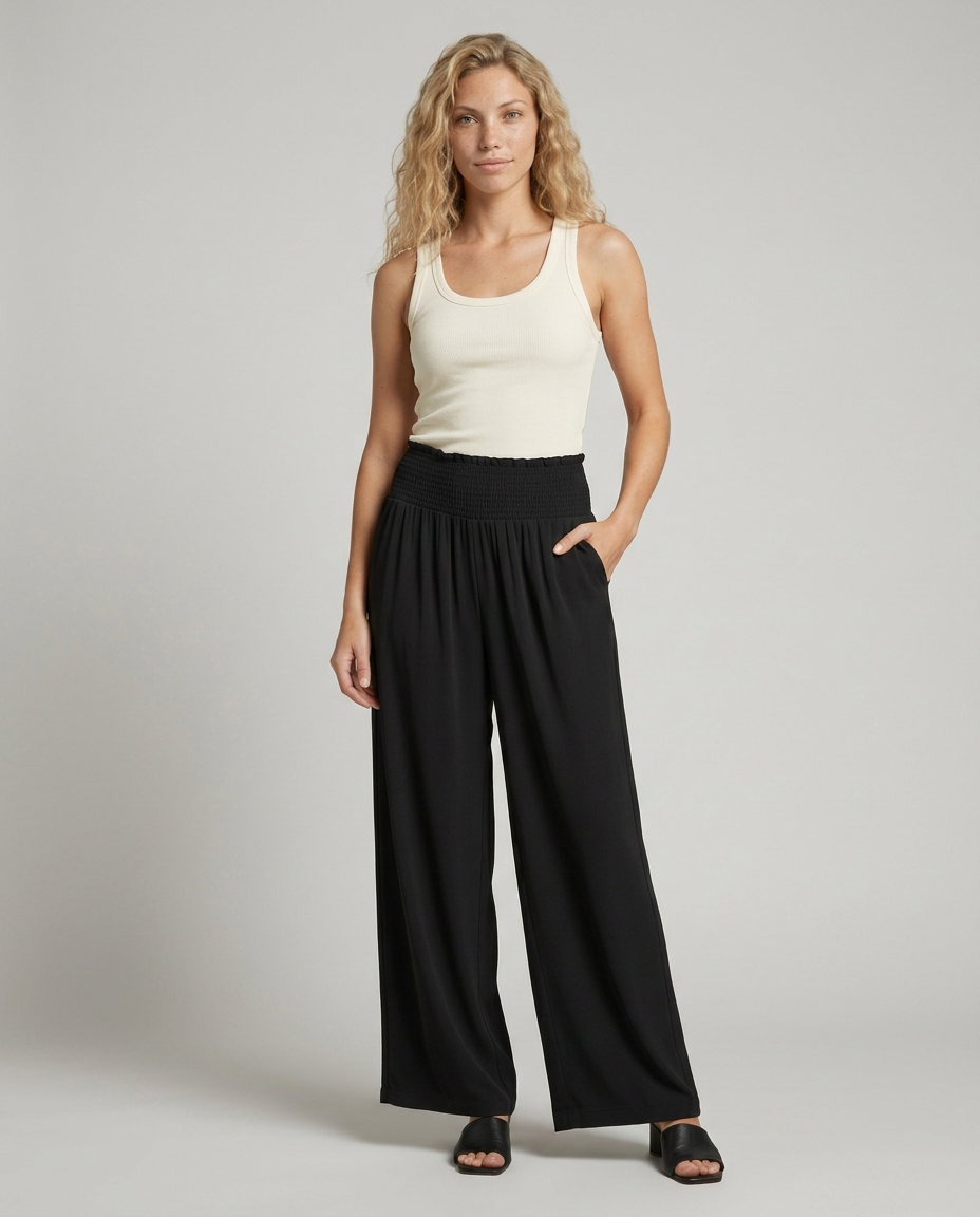 Doris | Wide Leg Trousers with Shirred Elastic Waist