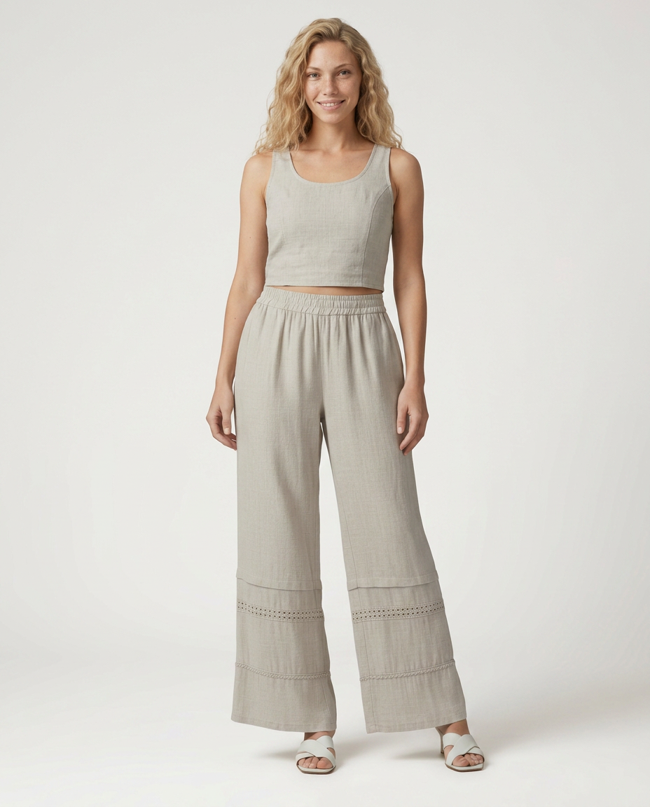Mollie | Wide Leg Trousers with Lace Trim Panels