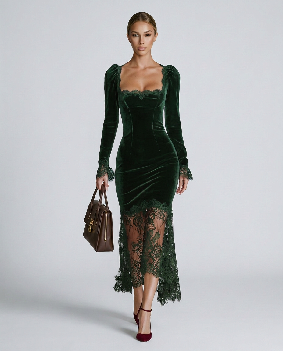 Winnie | Velvet Lace Fitted Maxi Dress with Long Sleeves