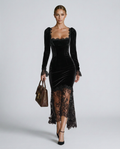 Winnie | Velvet Lace Fitted Maxi Dress with Long Sleeves