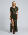 Greta | Pleated Maxi Dress with Lapel Collar and Waist Detail