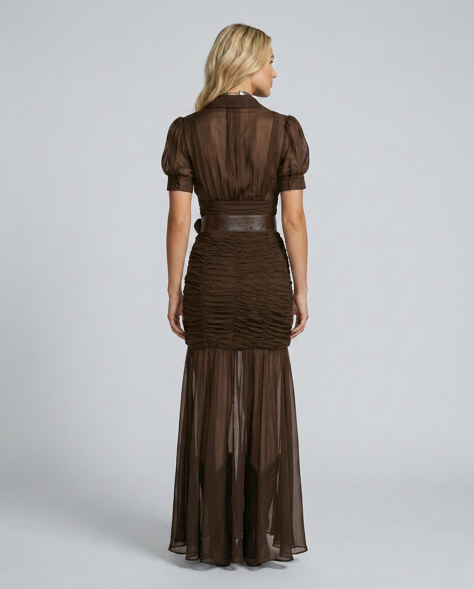 Greta | Pleated Maxi Dress with Lapel Collar and Waist Detail