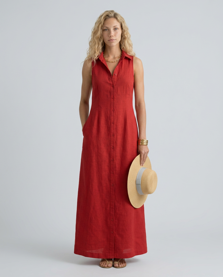 Alexis | Linen-Blend Sleeveless Maxi Shirt Dress