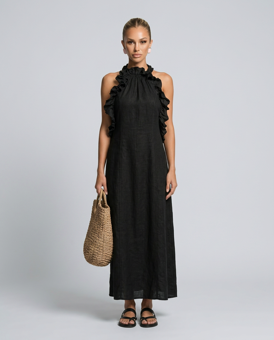 Lina | Linen-Blend Maxi Dress with Ruffle Details