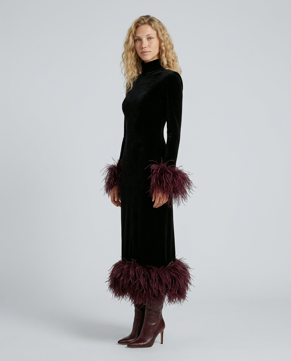 Karla | Velvet Maxi Dress with Feather Trim