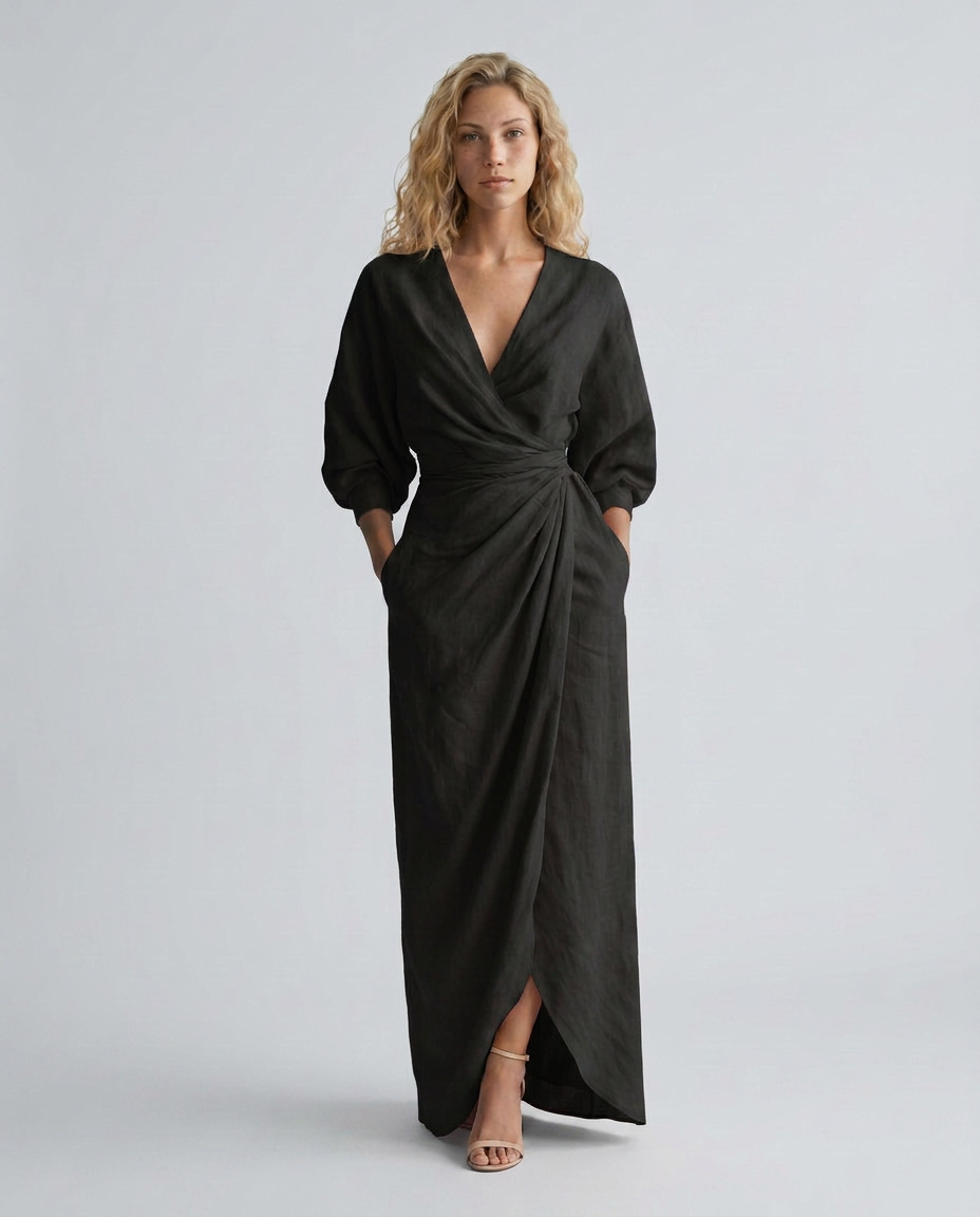 Alyssa | Linen Blend Maxi Dress with V-Neck Wrap Detail