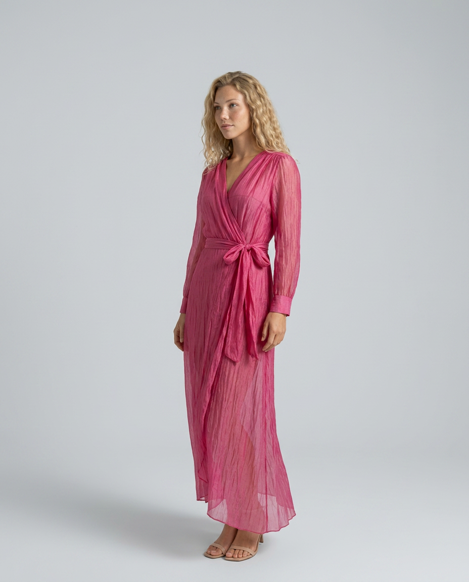 Pearl | Rose Pink Chiffon V-Neck Tie-Waist Maxi
