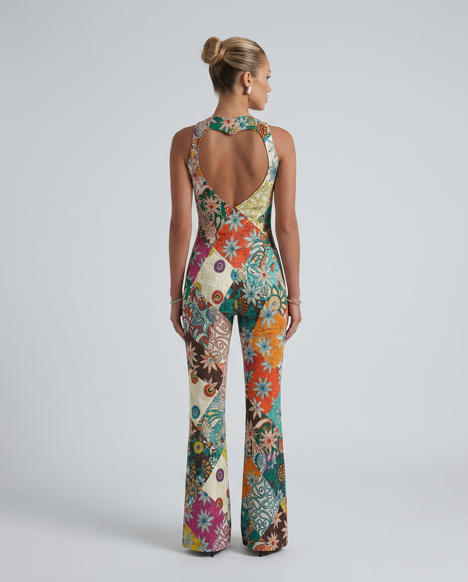 Elvia | Floral Denim Jumpsuit with Open Back