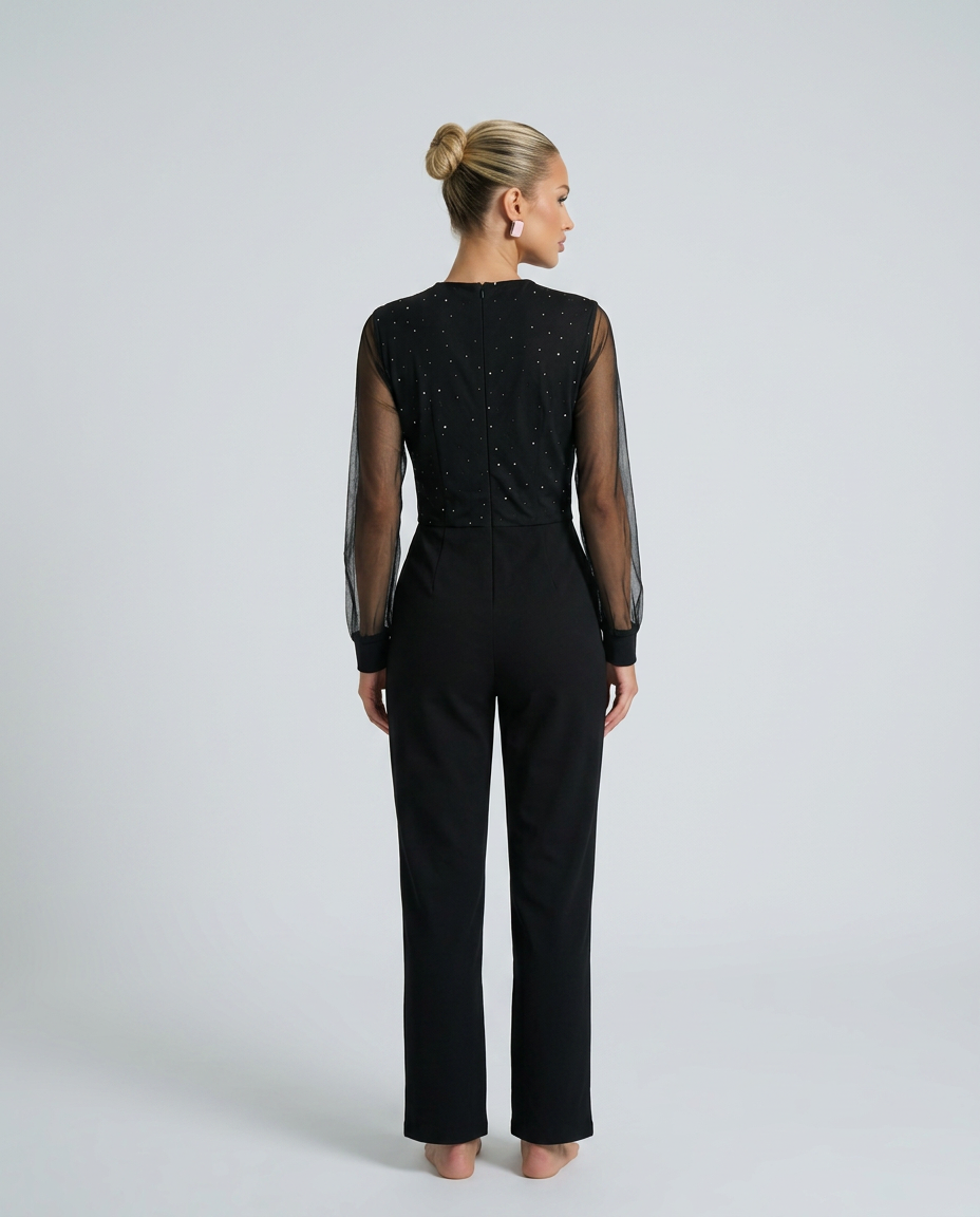 Ellen | Sequin Mesh Sleeve Jumpsuit with Wide-Leg Trousers