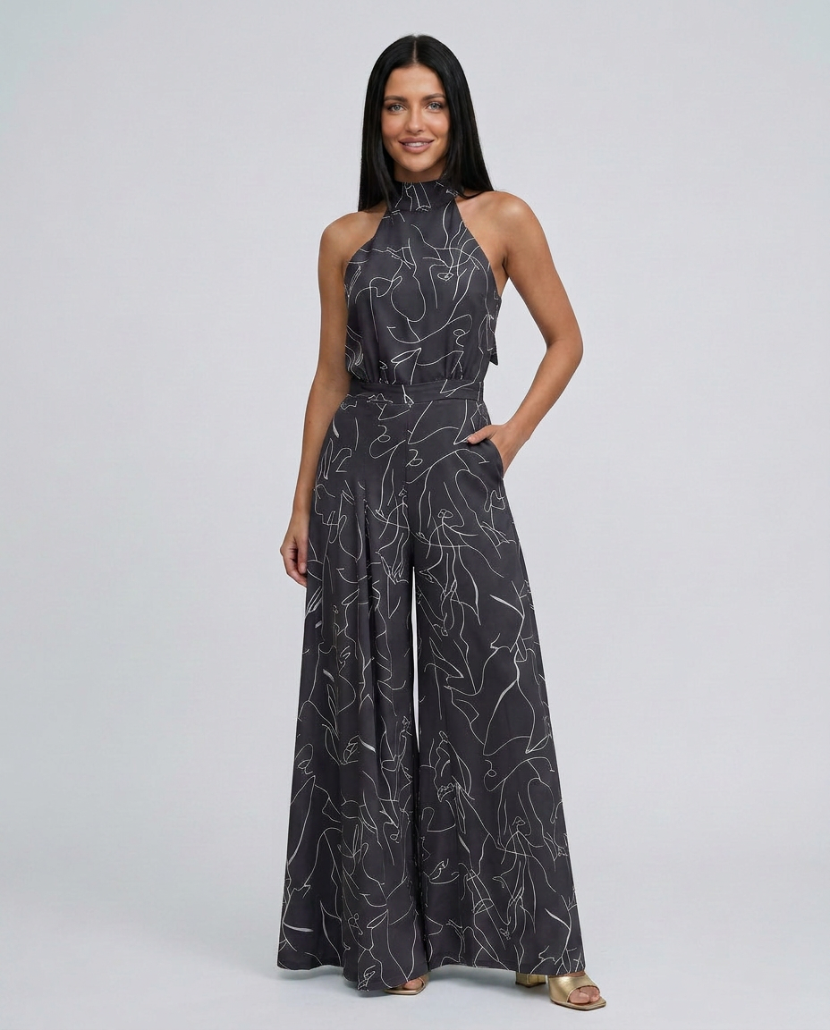 Ellen | Printed Wide-Leg Jumpsuit with Halter Neck