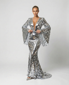 Celeste | Sequin Maxi Evening Dress with Silver Overlay