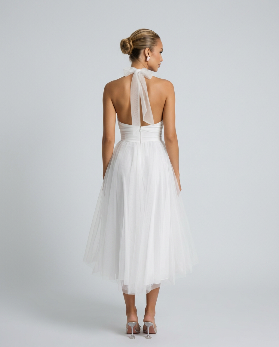 Gracie | Halter Neck Midi Dress with Pleated Tulle Skirt