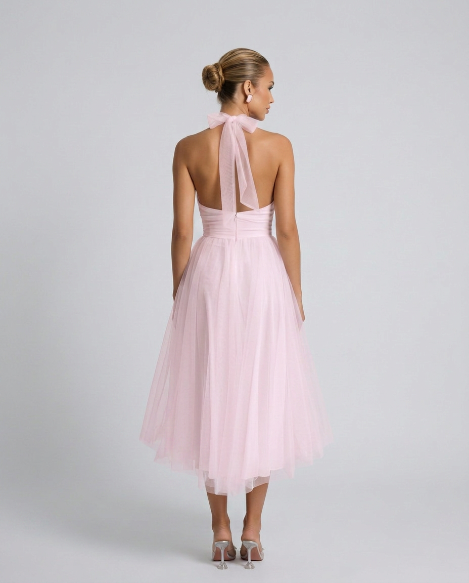 Gracie | Halter Neck Midi Dress with Pleated Tulle Skirt