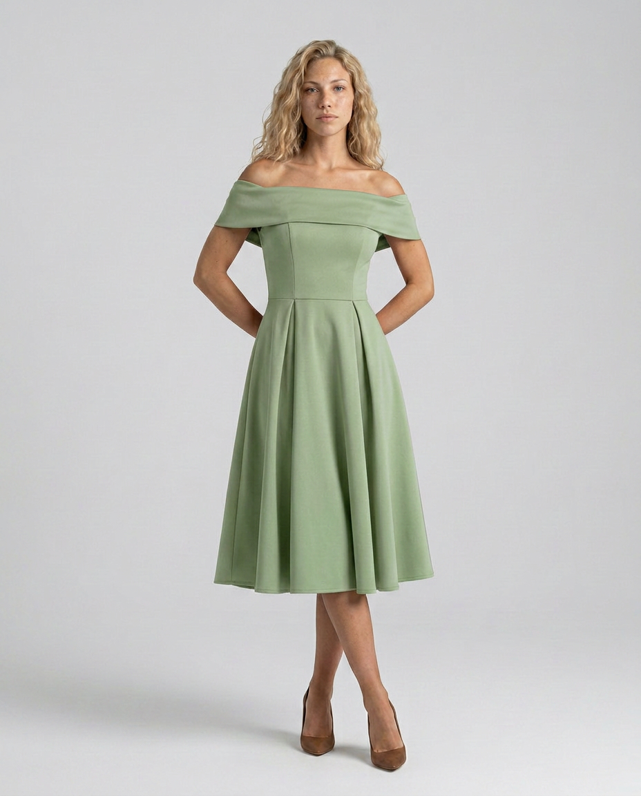 Amy | Off-Shoulder Midi Dress with Pleated Skirt