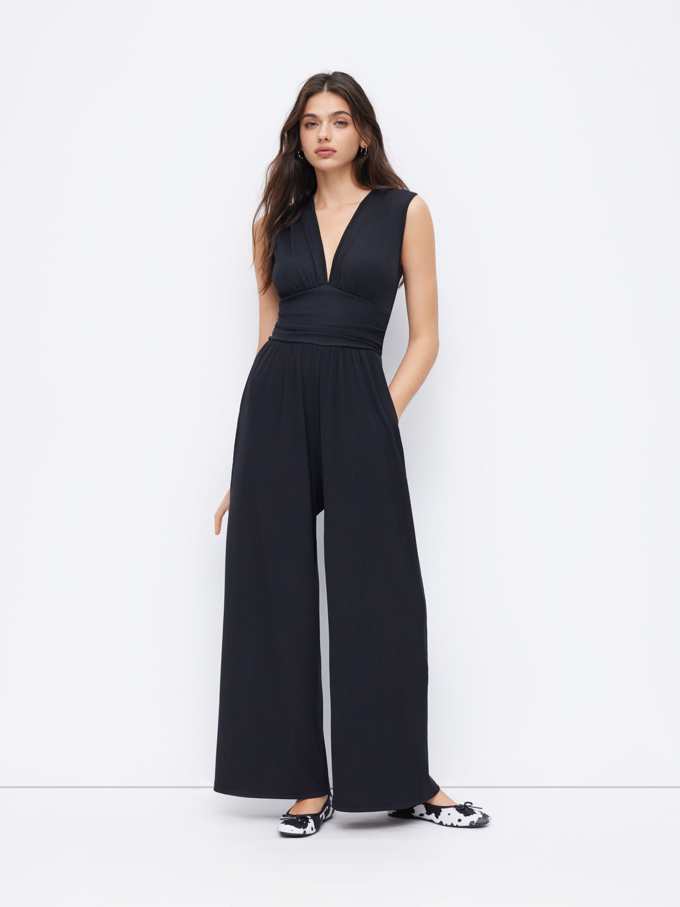 Eleanor | V-neck Ruched Solid Wide Leg Jumpsuit