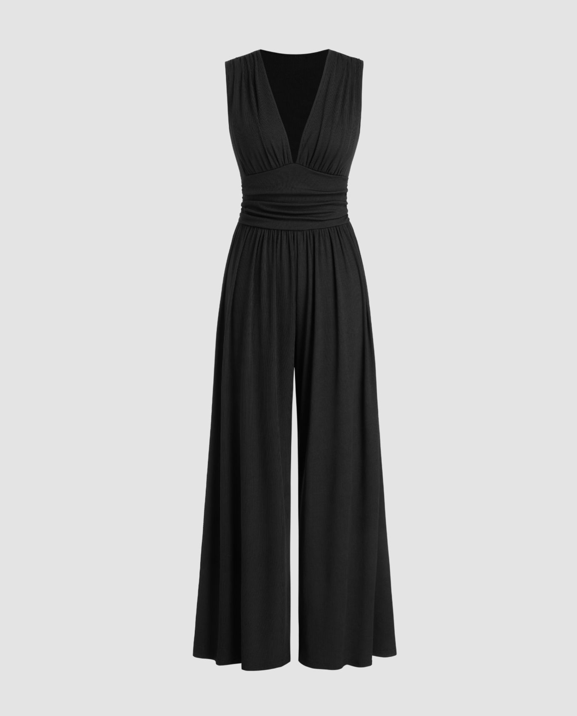 Eleanor | V-neck Ruched Solid Wide Leg Jumpsuit