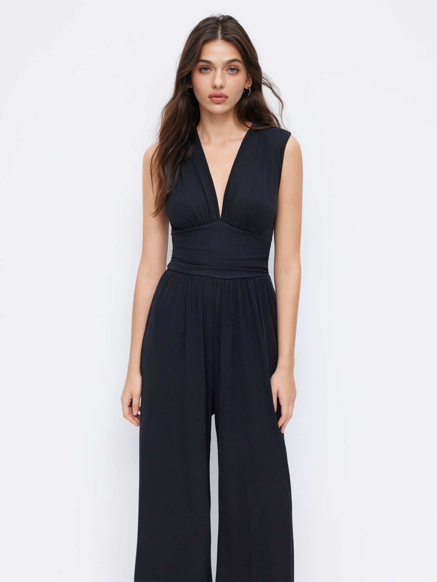 Eleanor | V-neck Ruched Solid Wide Leg Jumpsuit