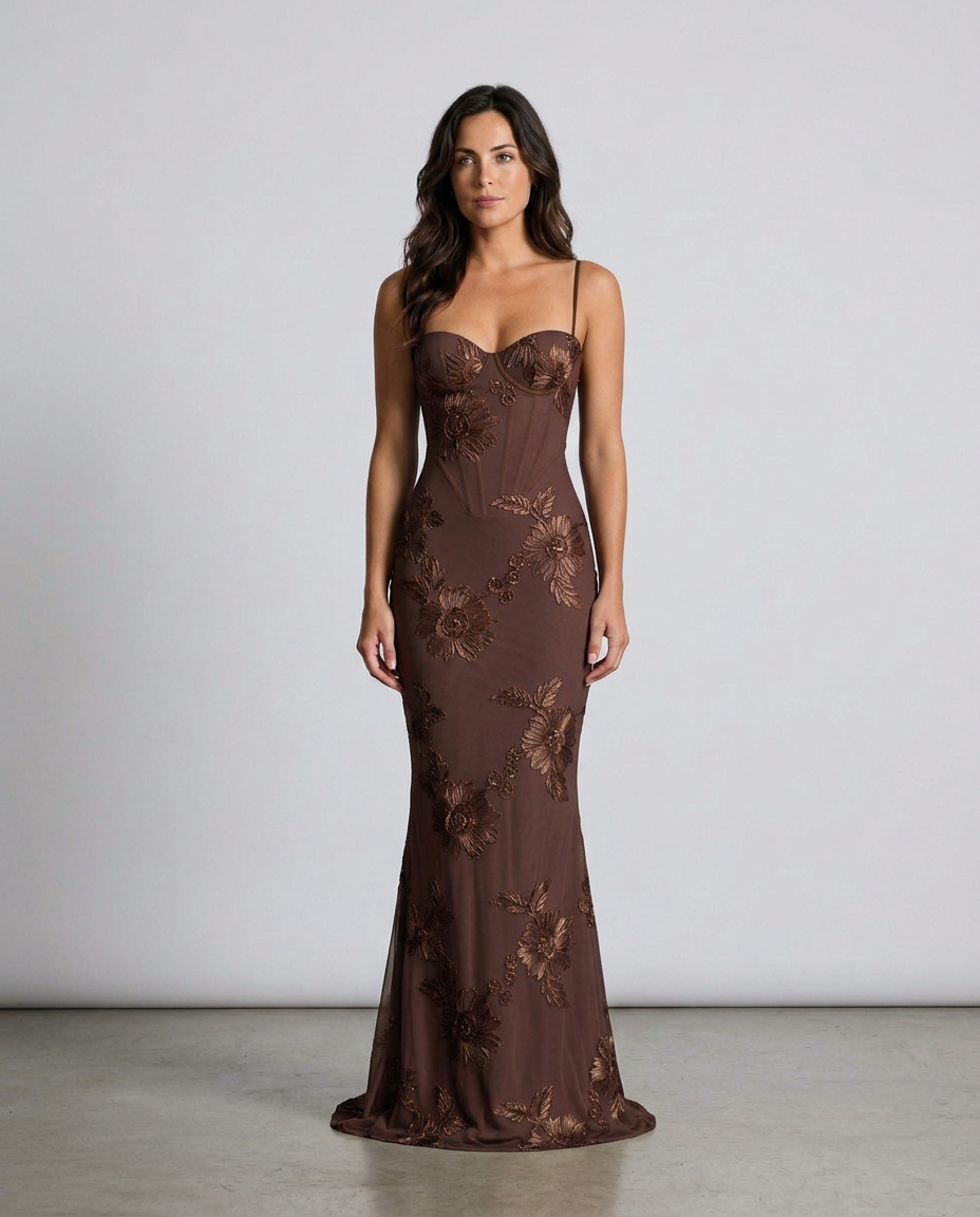 Isolène | Floral Jacquard Corset Maxi Dress