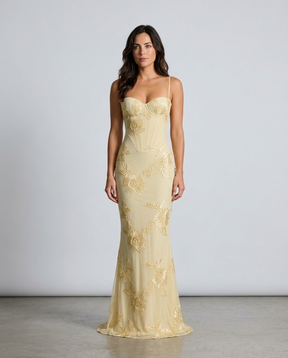 Isolène | Floral Jacquard Corset Maxi Dress