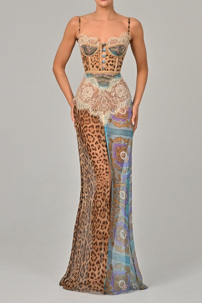 Soraya | Lace-Trim Leopard Print Side Slit Maxi Dress