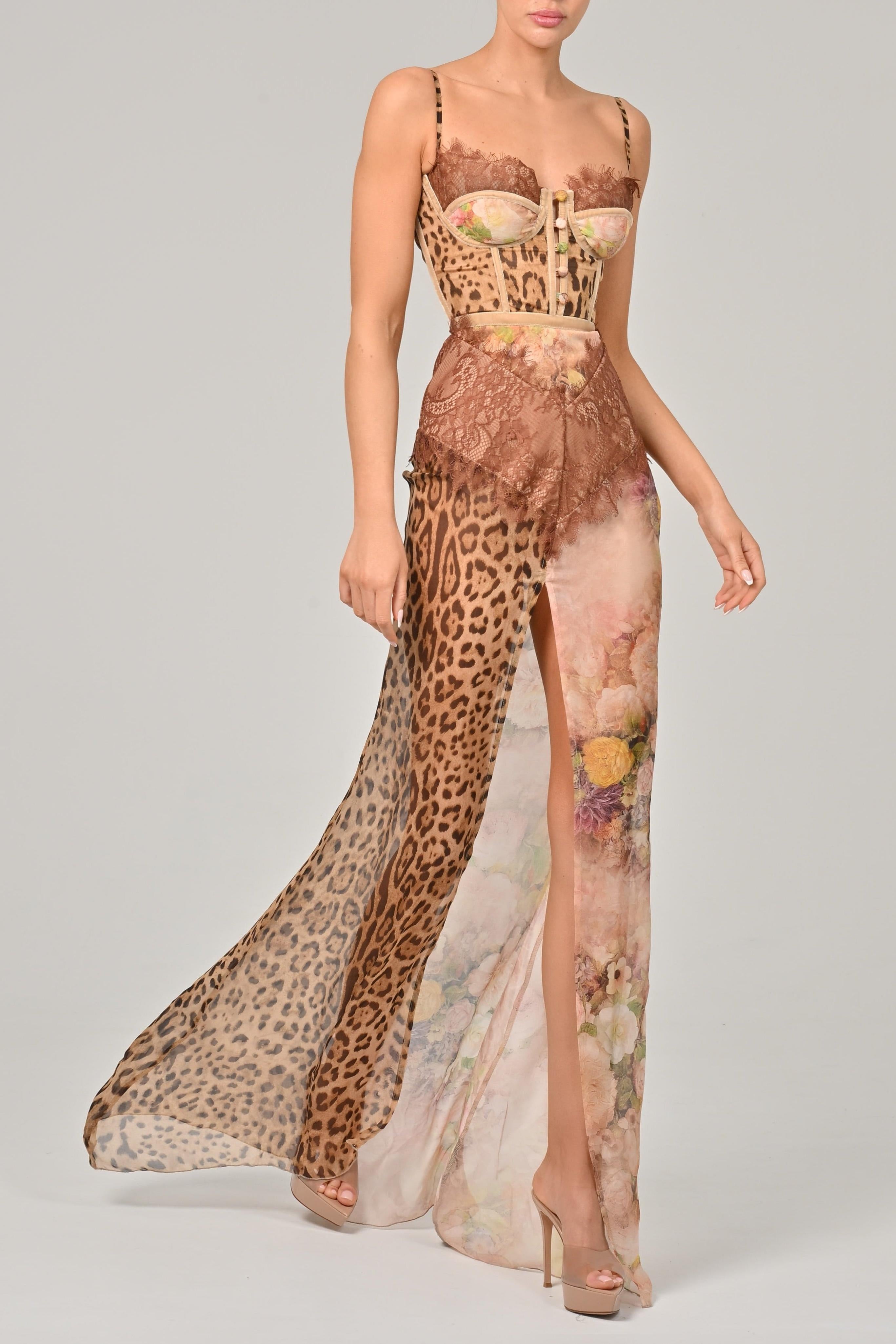 Reva | Lace Trim Leopard Print Side Slit Maxi Dress