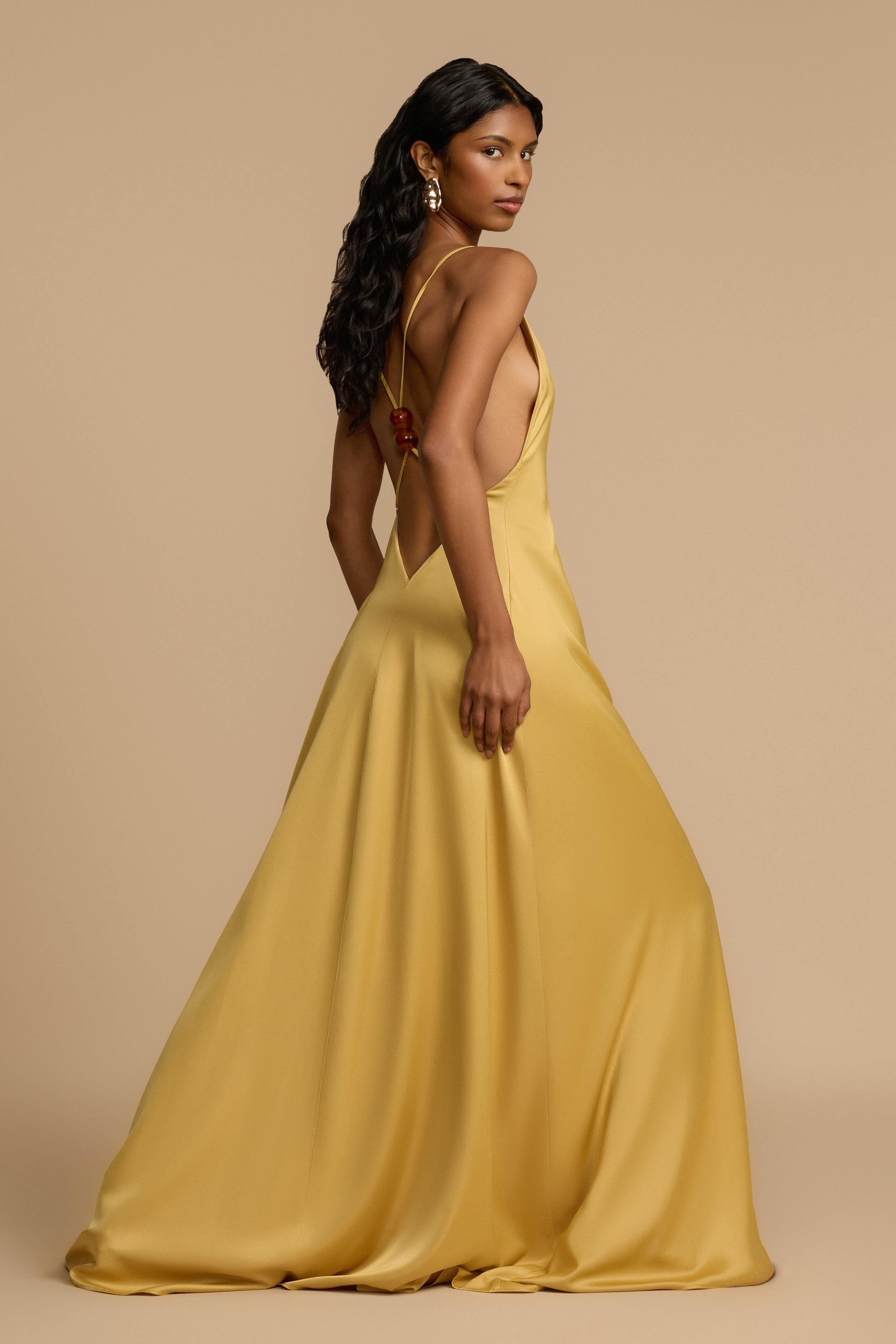 Aurelia | Backless Beaded V-Neck Satin Maxi Dress