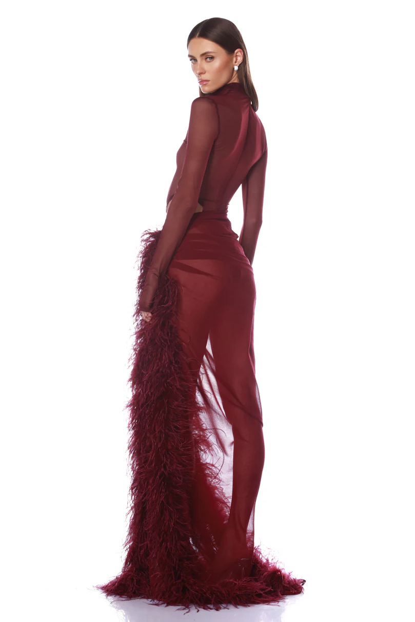 Velene | Long Sleeve Mesh & Feather Slit Maxi Set