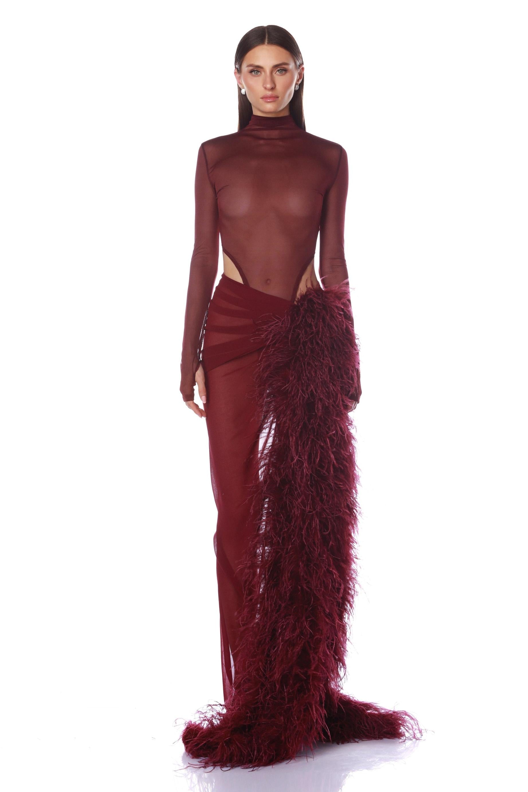 Velene | Long Sleeve Mesh & Feather Slit Maxi Set