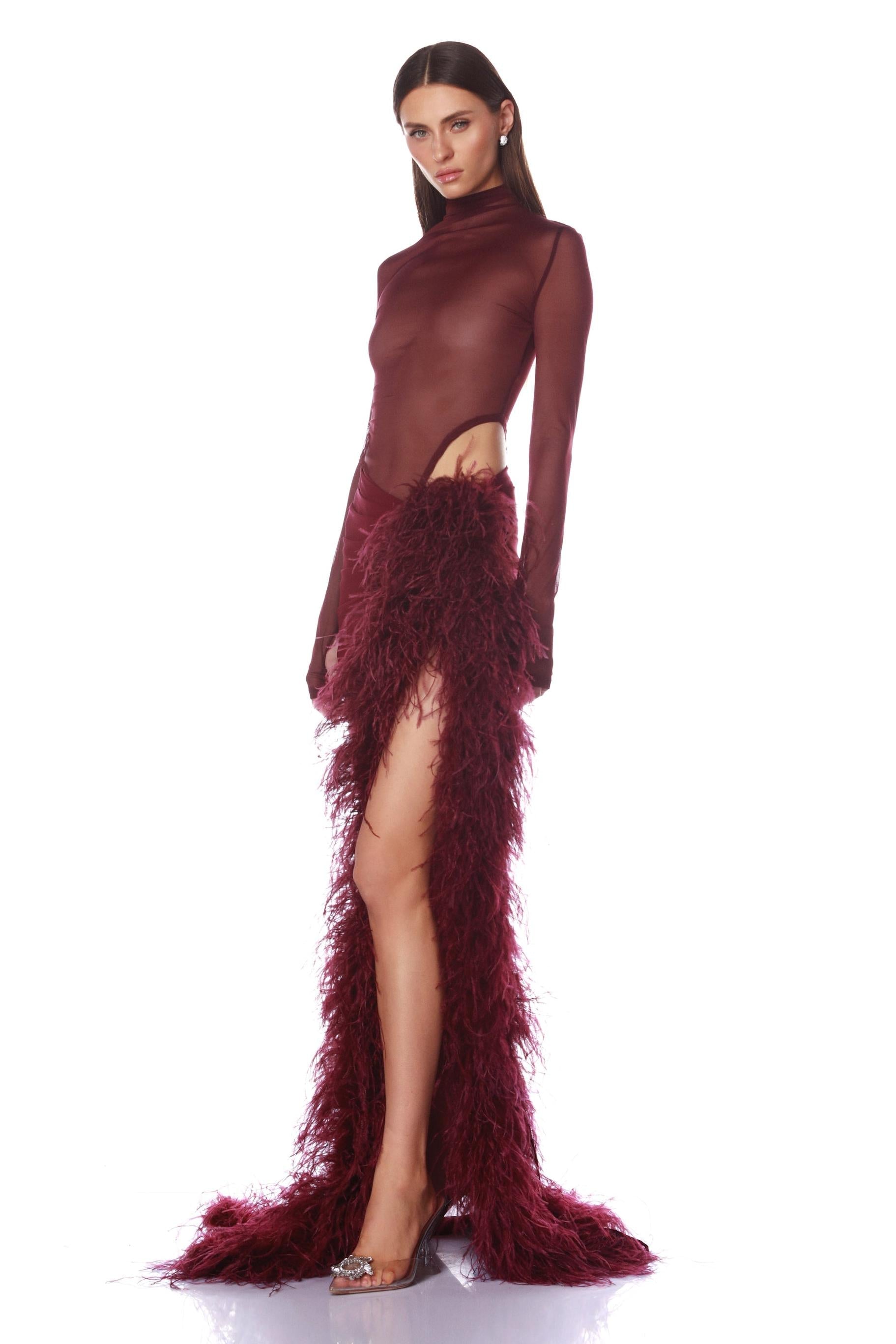 Velene | Long Sleeve Mesh & Feather Slit Maxi Set