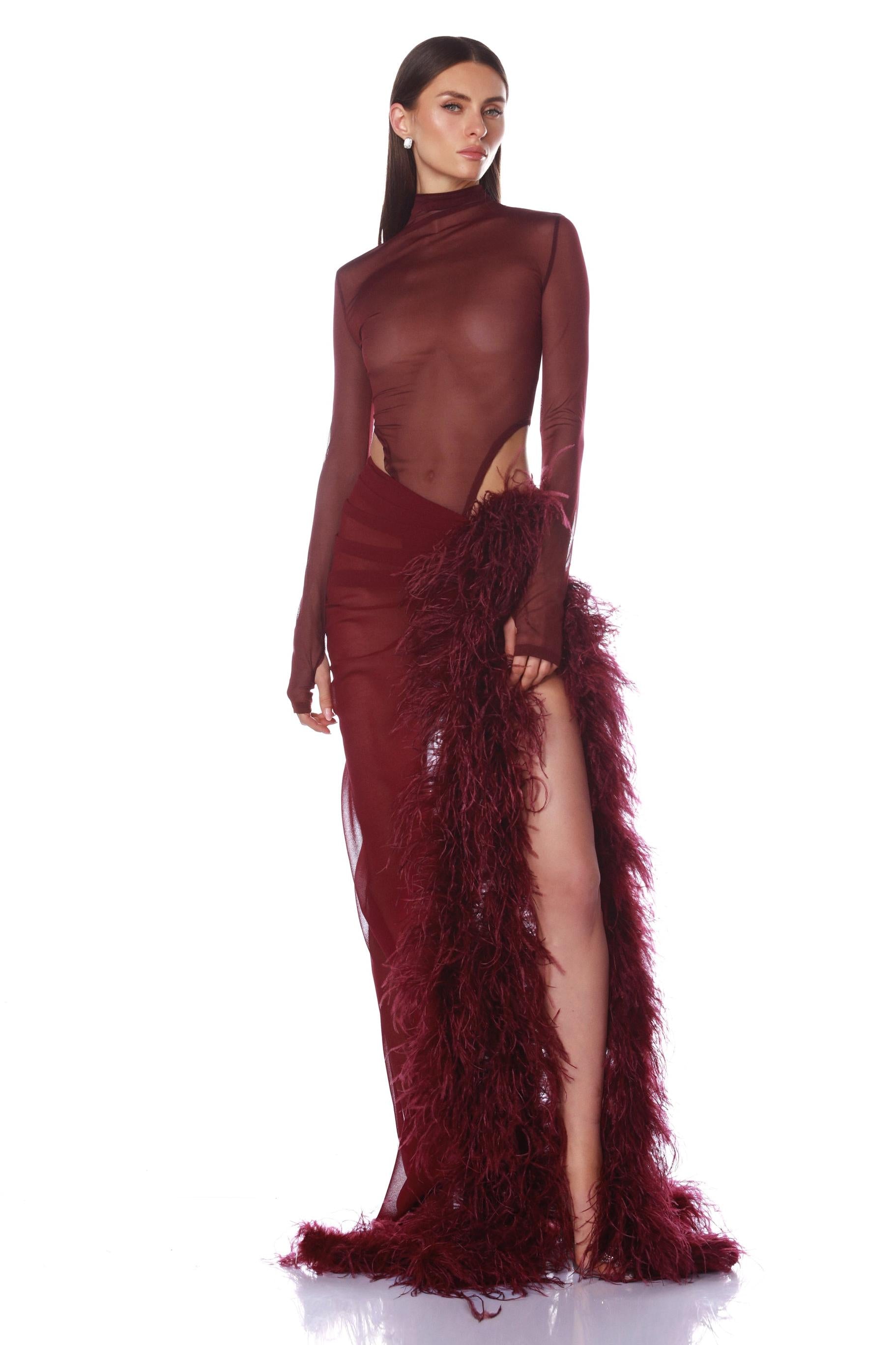 Velene | Long Sleeve Mesh & Feather Slit Maxi Set