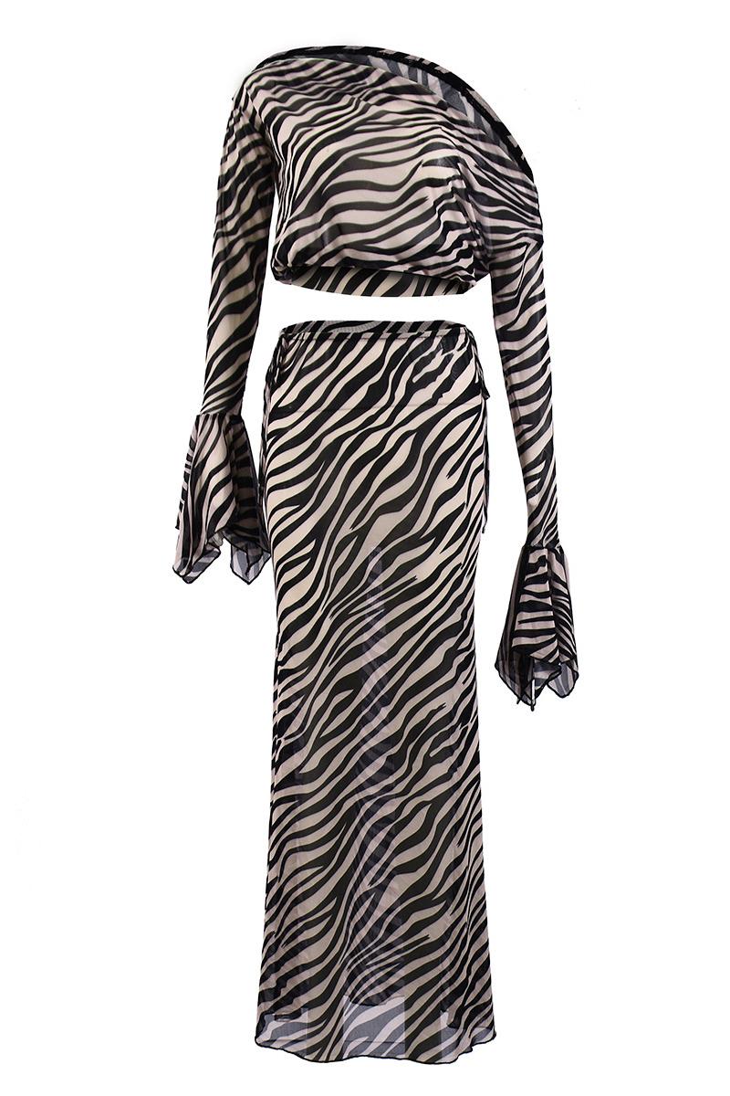 Zivara | Zebra Print Bell Sleeve Mesh Top & Maxi Skirt Set