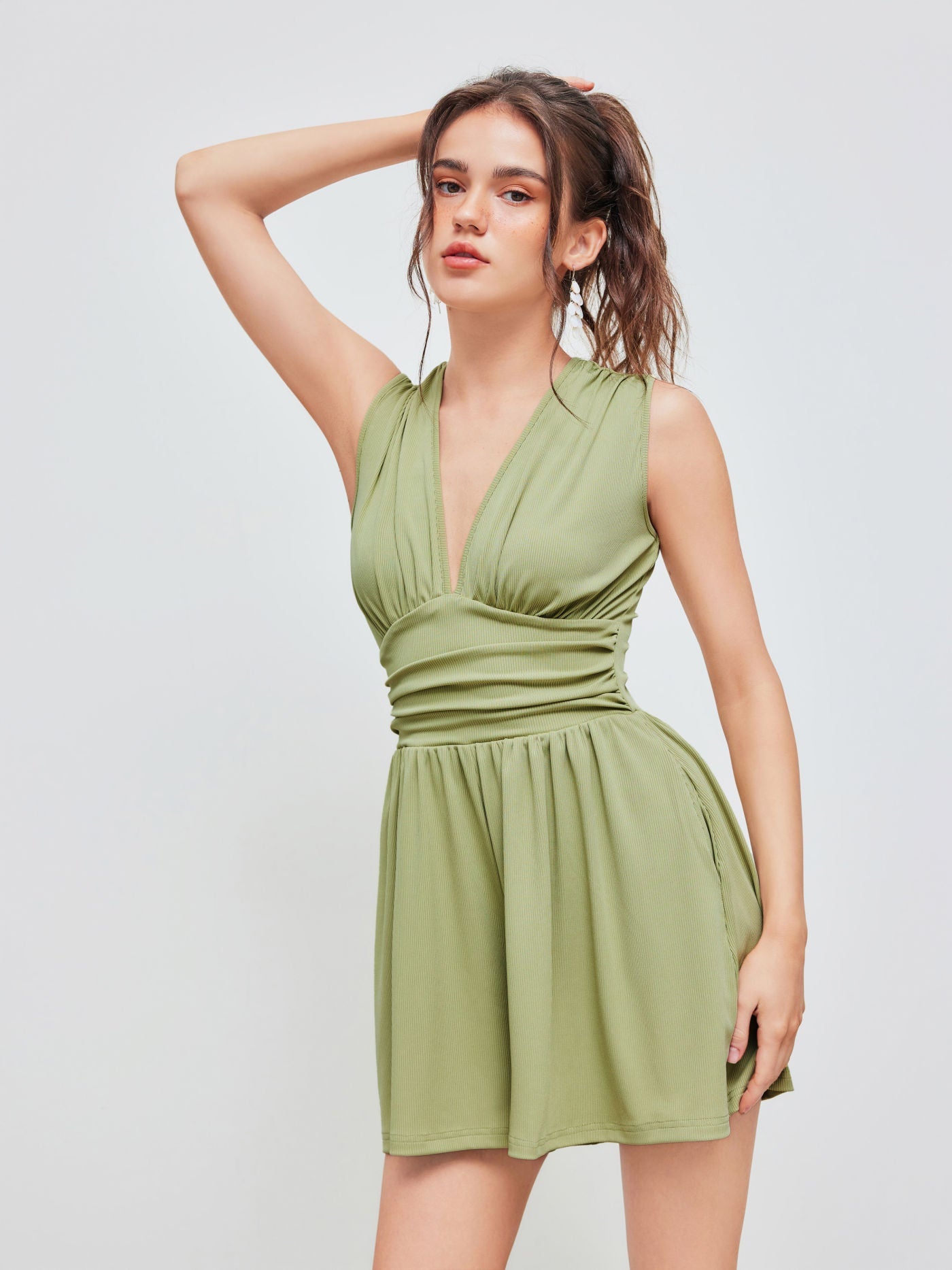 Kylie | V-neck Solid Ruched Pocket Romper
