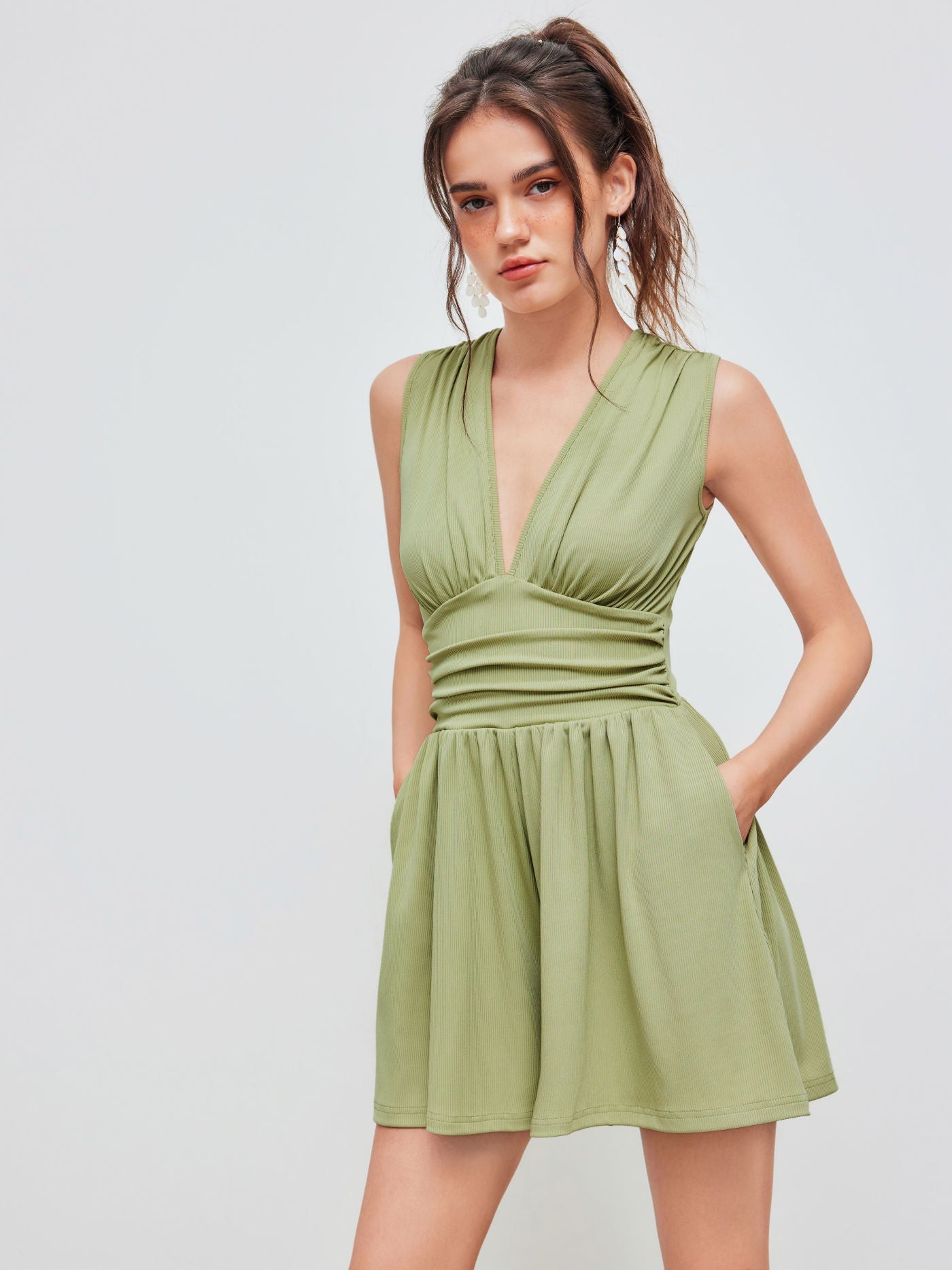 Kylie | V-neck Solid Ruched Pocket Romper