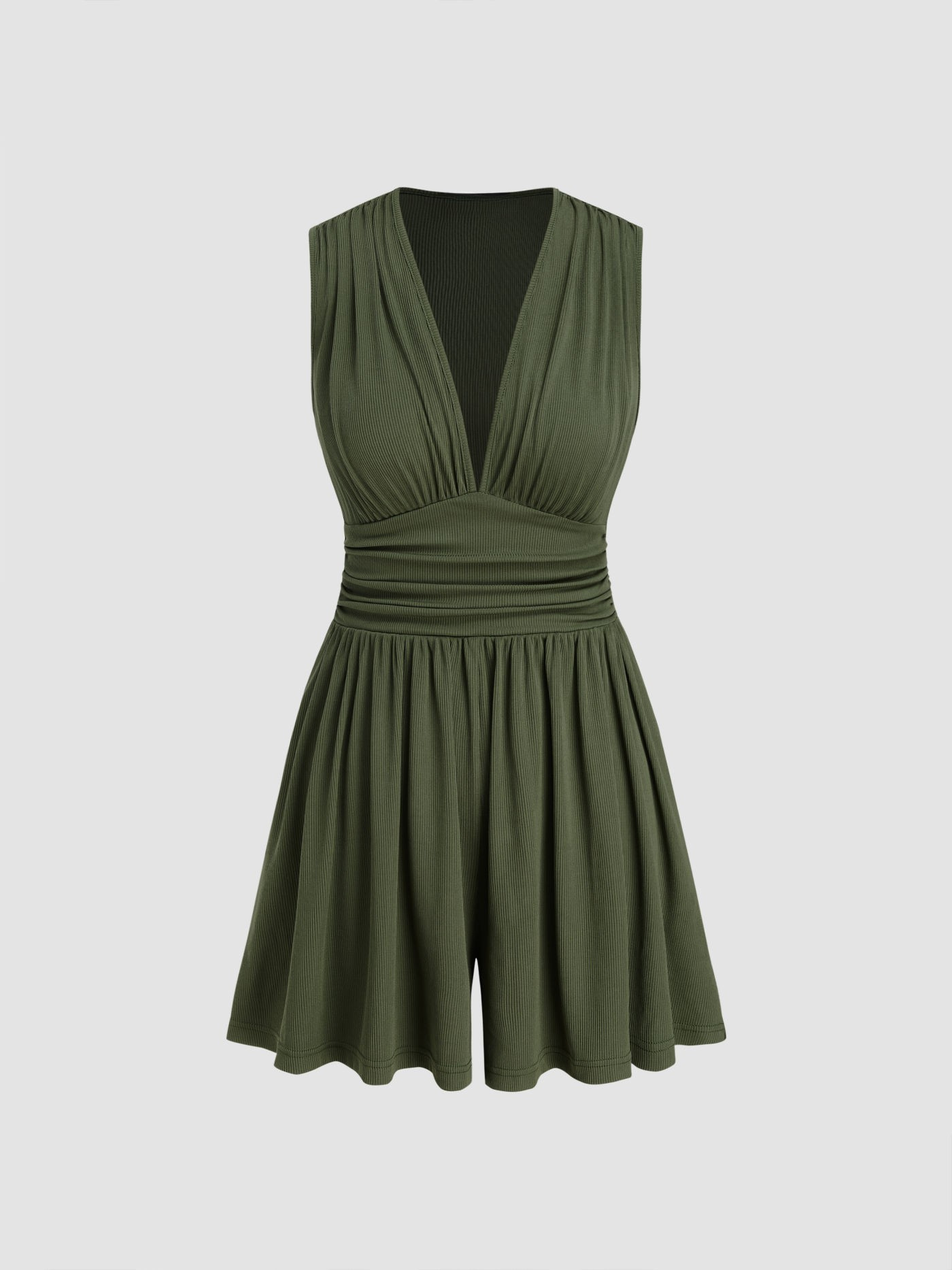 Kylie | V-neck Solid Ruched Pocket Romper