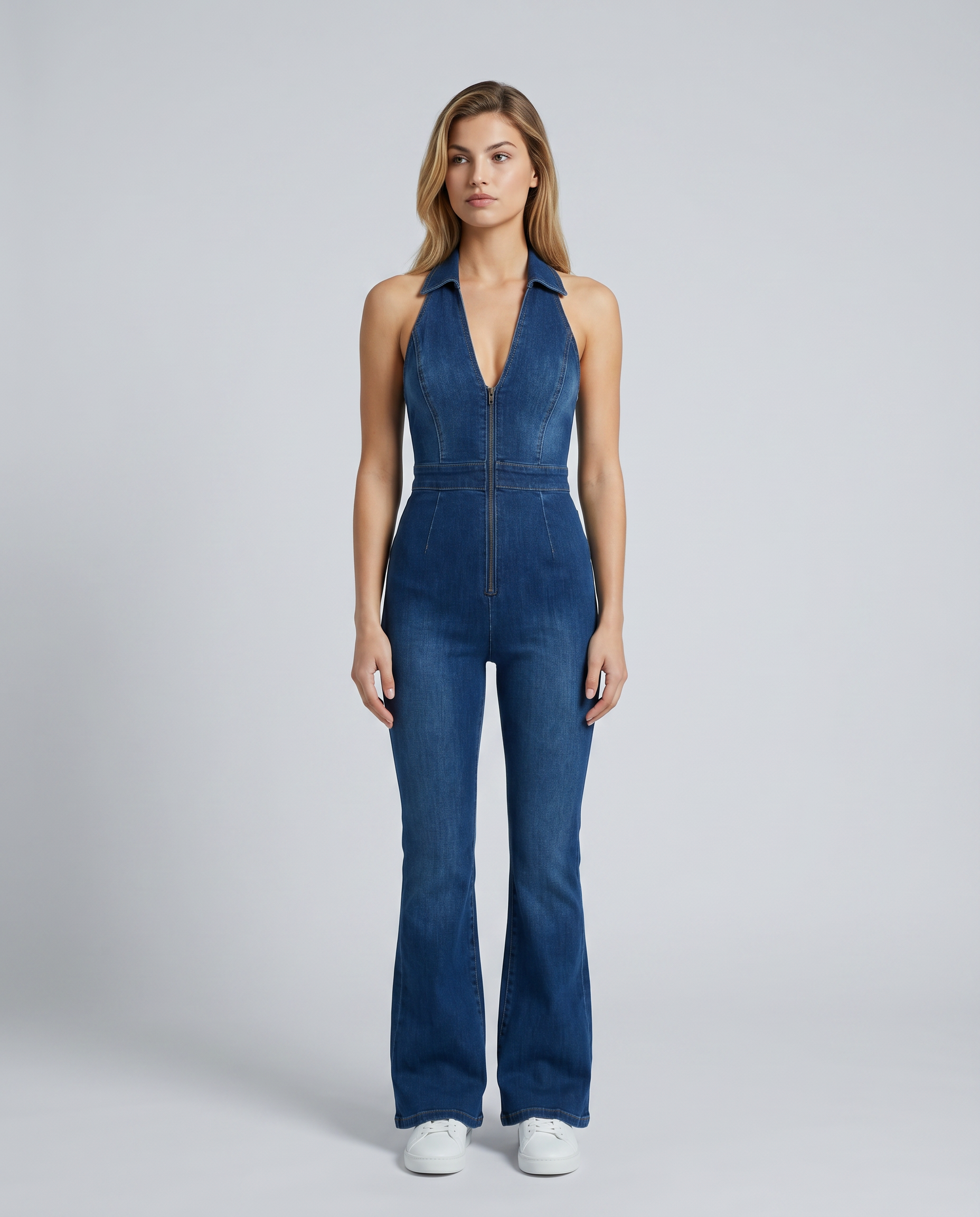 Madeline | Flare Leg Zip-Front Denim Jumpsuit