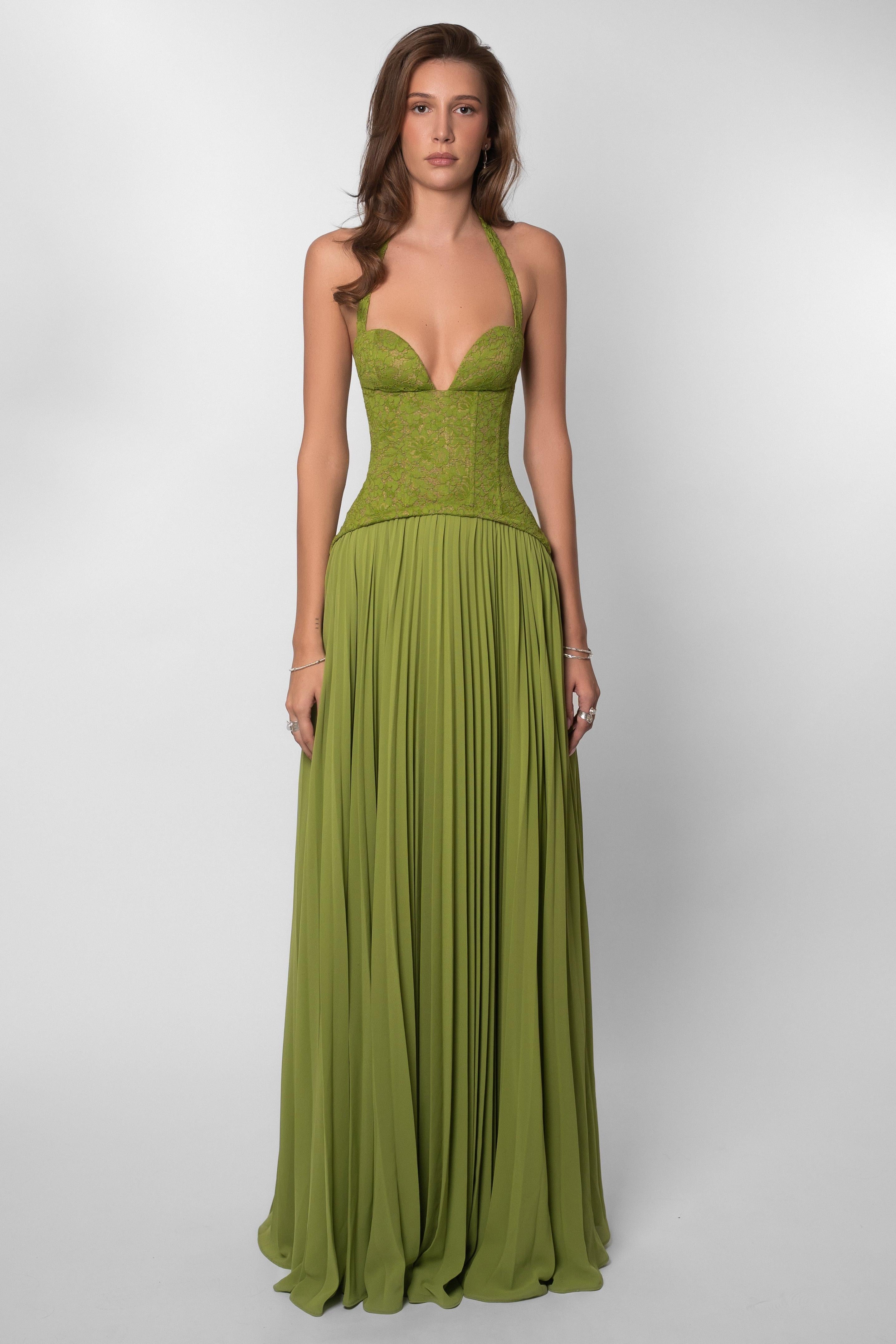 Ottilie | Sweetheart Lace Chiffon Pleated Maxi Dress