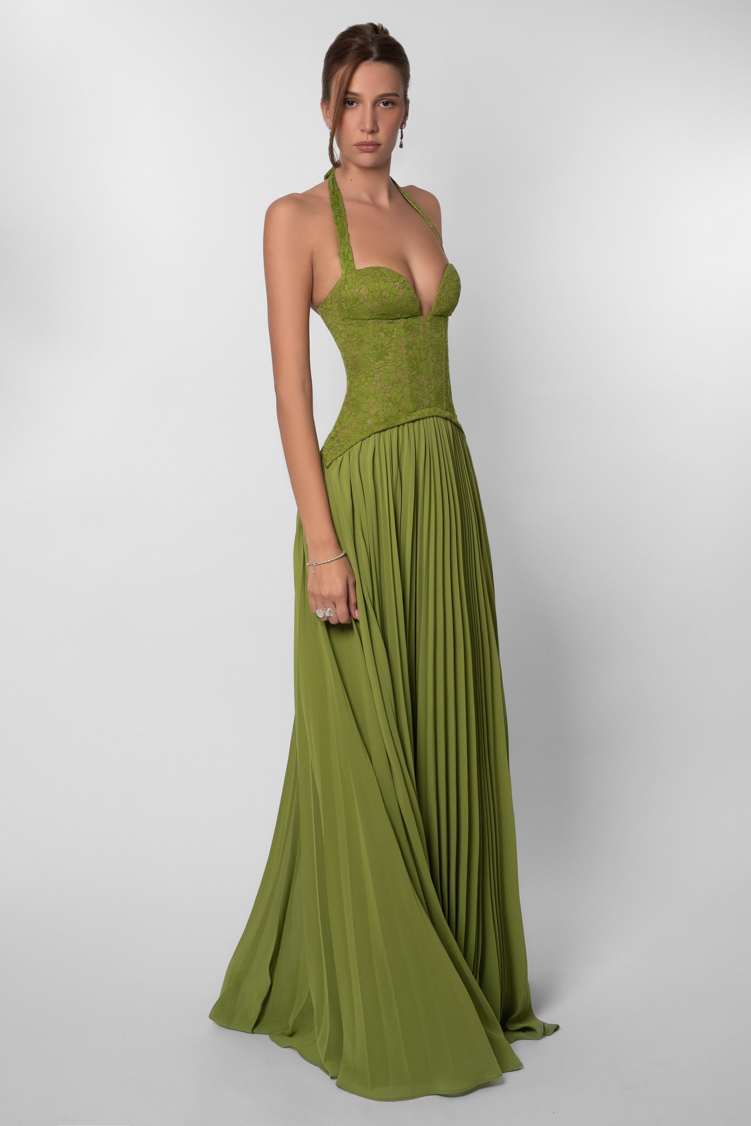 Ottilie | Sweetheart Lace Chiffon Pleated Maxi Dress