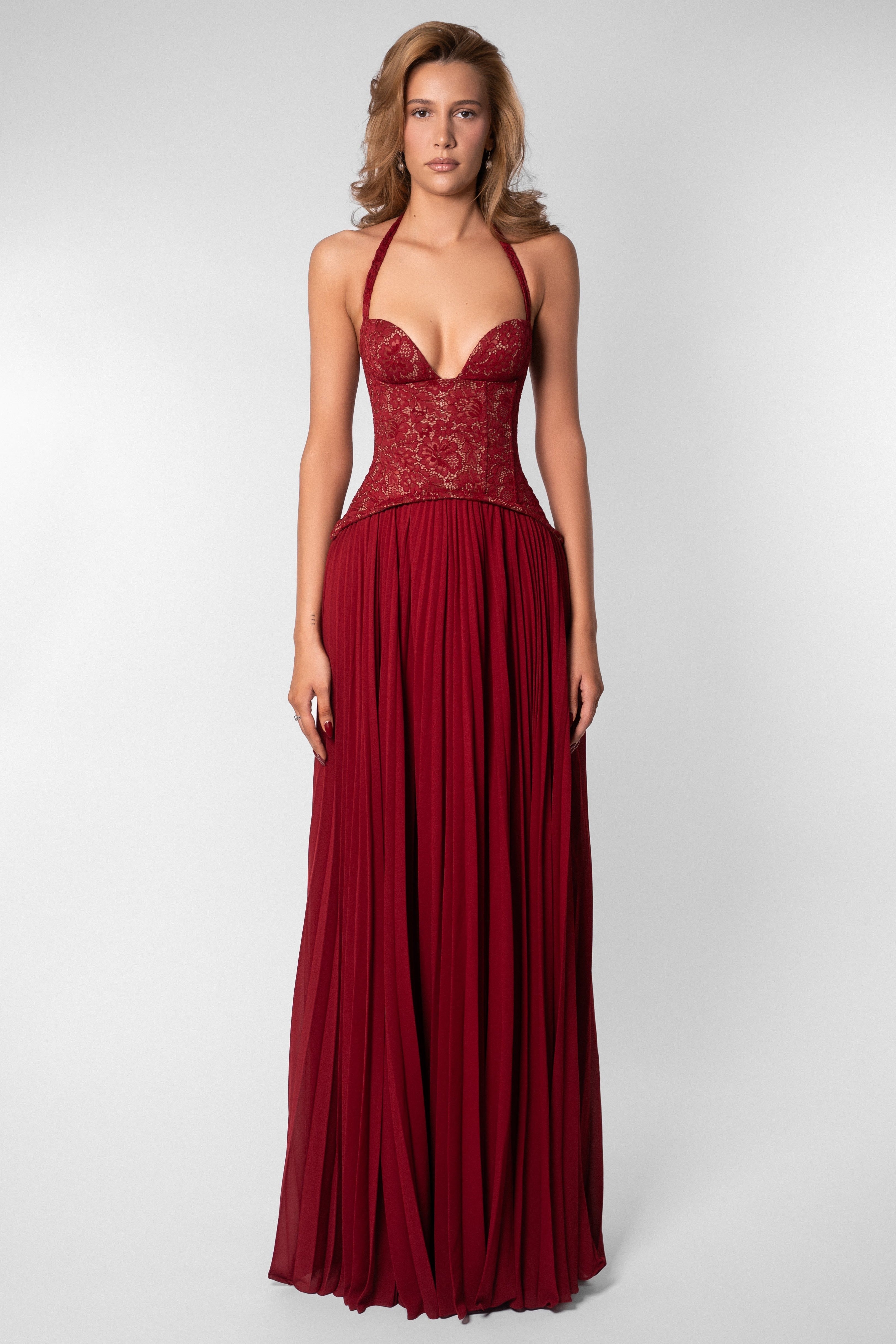 Ottilie | Sweetheart Lace Chiffon Pleated Maxi Dress