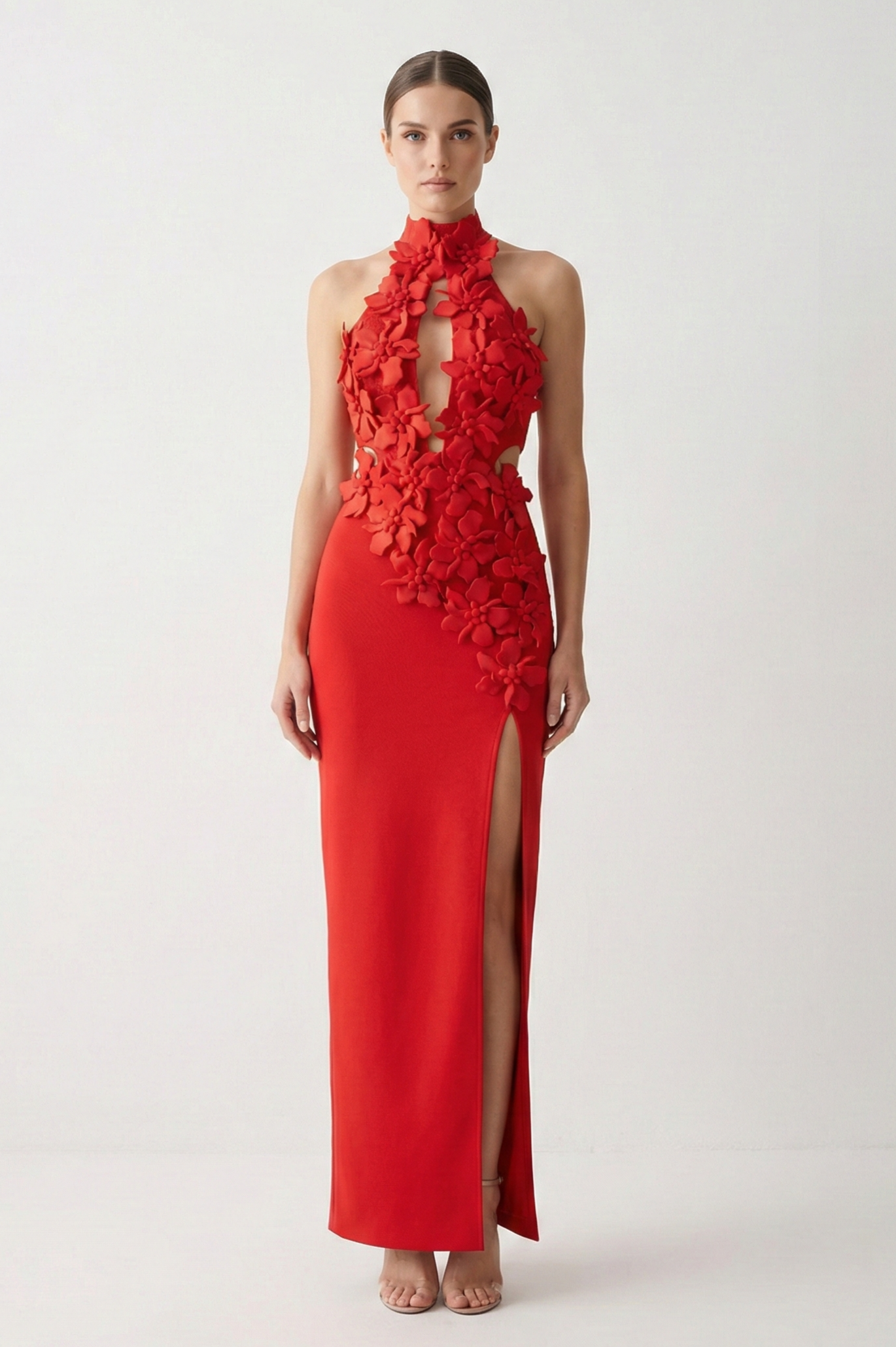 Kira | 3D Floral Halter Neck Bandage Maxi Dress