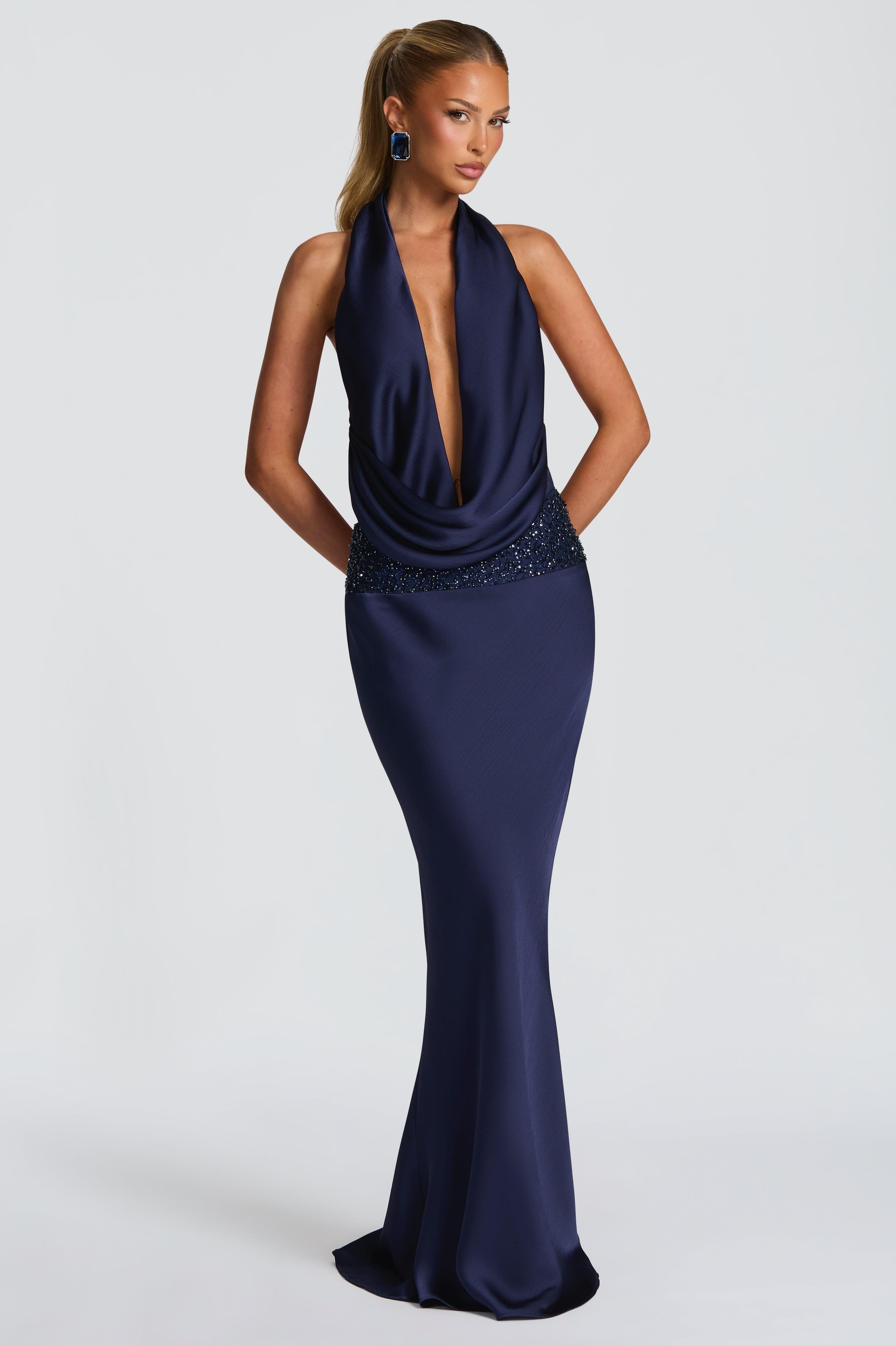 Giselle | Halter Neck Beaded Embroidered Maxi Dress