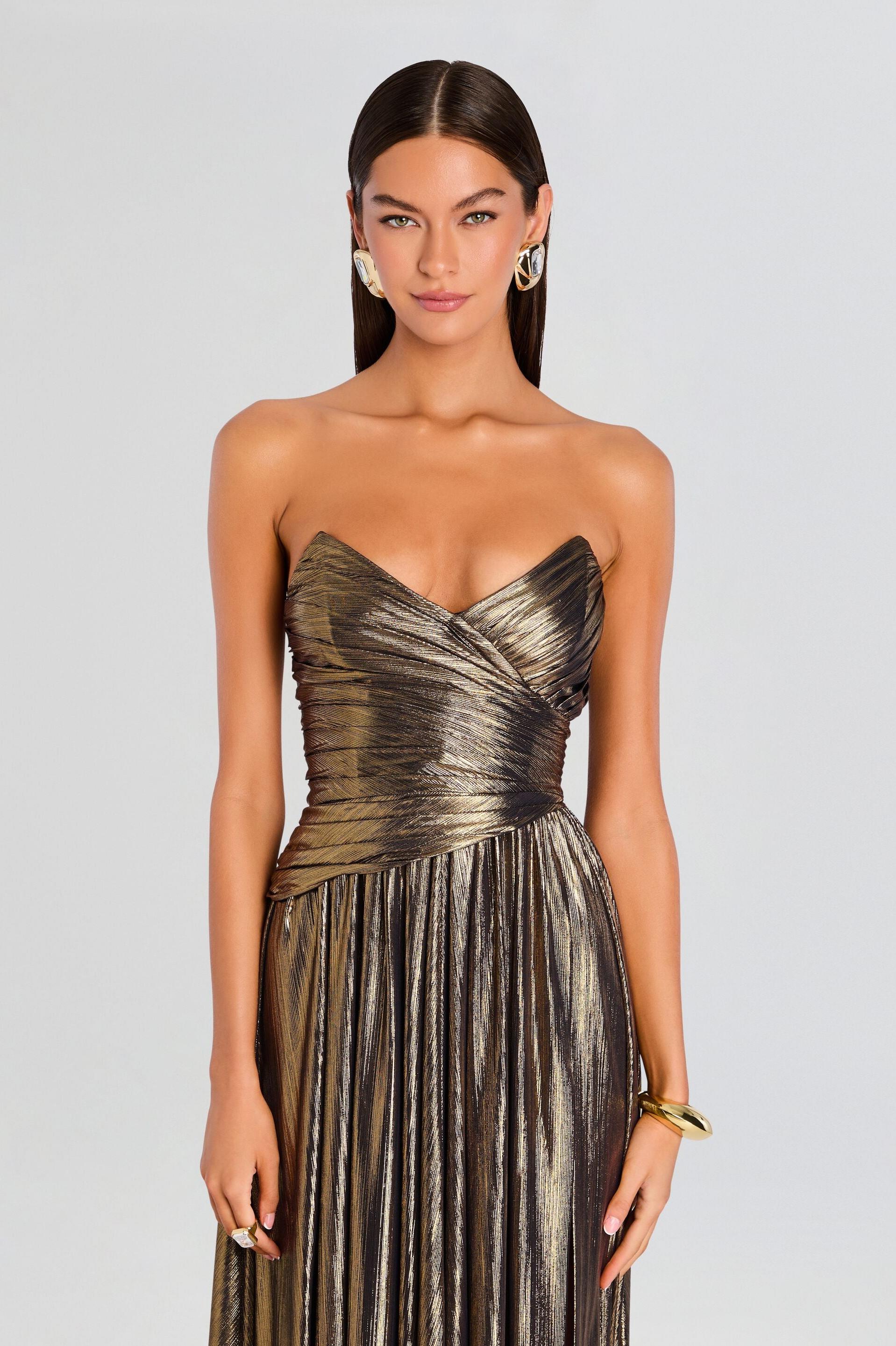 Lysara | Off-Shoulder Slit Metallic Maxi Dress